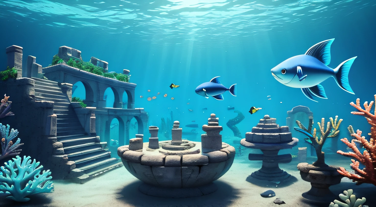 a small blue fish named victor spotted the ruins of an ancient city while diving deeper. It was a sunken city with coral temples and stone-encased fish statues. toon, Pixar style, 3d, Anime design --auto