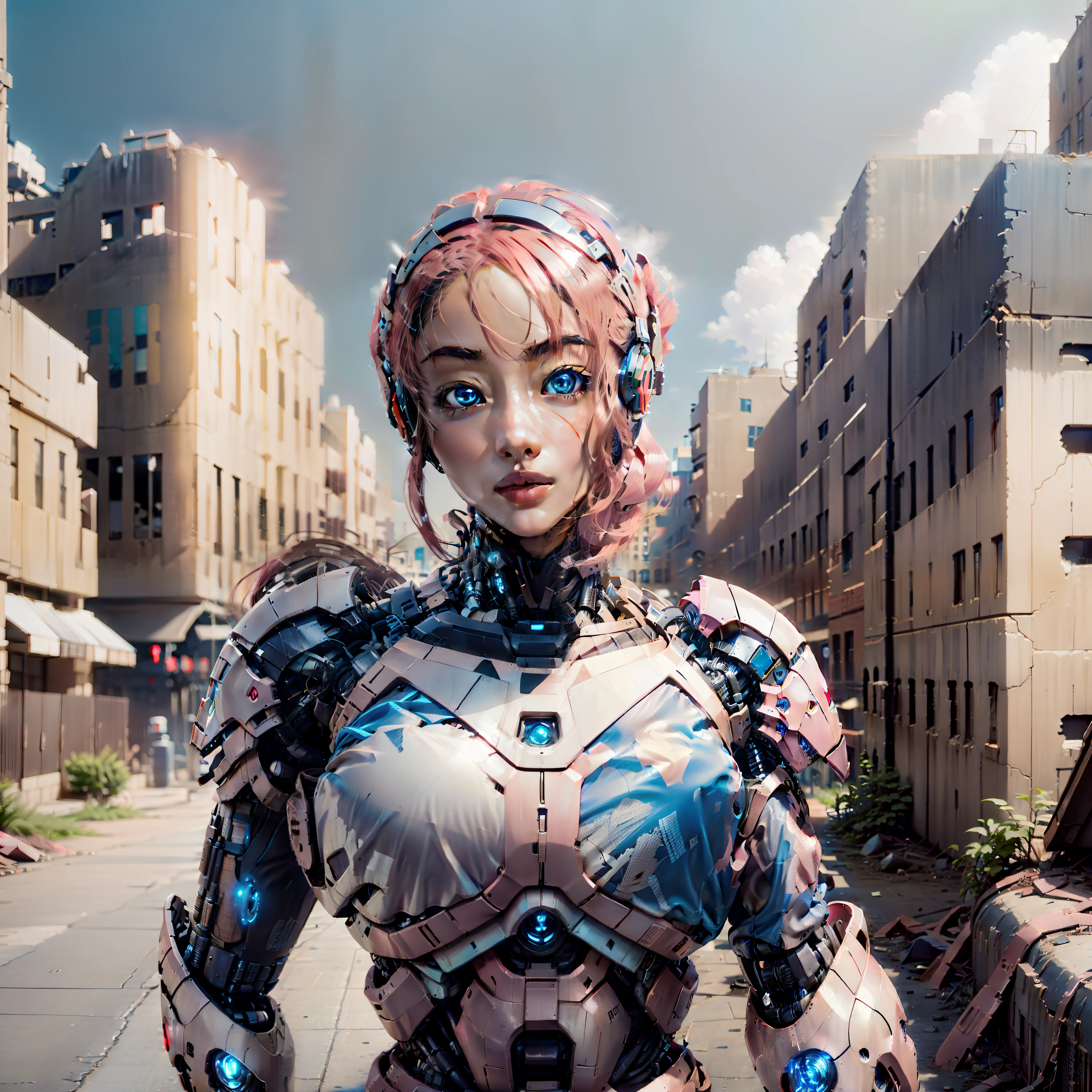Ultra clear 8K pink hair female mecha robot in city ruins,best qualtiy,Blue-black theme。