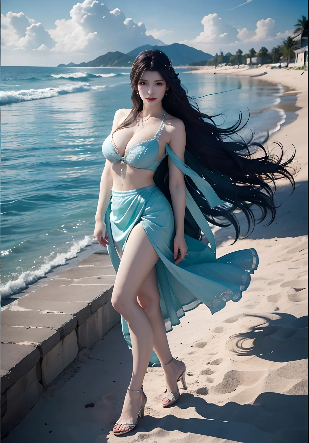 ((midynight, best qualtiy, 8k, tmasterpiece :1.3)), full bodyesbian, long leges, Sharp focus :1.2, A beautiful woman with a perfect figure :1.4, Slender abs :1.1, ((dark brown hair, :1.2)), (crop tops, low waist pants, Stand up:1.2), Abs, Highly Detailed Face and Skin Textur, A detailed eye, 二重まぶた, high-heels, low angles, from below, Toned abs, laughingly,looking at viewert,mix4, 20 days, Solo, Long_Hair, shirt, dress, High_Heels,full_Body, look_at_peeping at the viewer, (8K, RAW photo, Best quality, Mastery:1.2), (Realistic, photo-realistic:1.37), Professional lighting, photon maping, Radio City,physically-based renderingt,arafed woman in a blue dress standing on a beach, posing on the beach, posing on a beach with the ocean, wear blue dresses, wearing flowing dress, wearing a plastic blue dress, floating dress, Angela White, clear portrait of demi rose, Dressed in blue, Standing near the beach, Blue dress, wearing blue dress, Light blue dress portrait