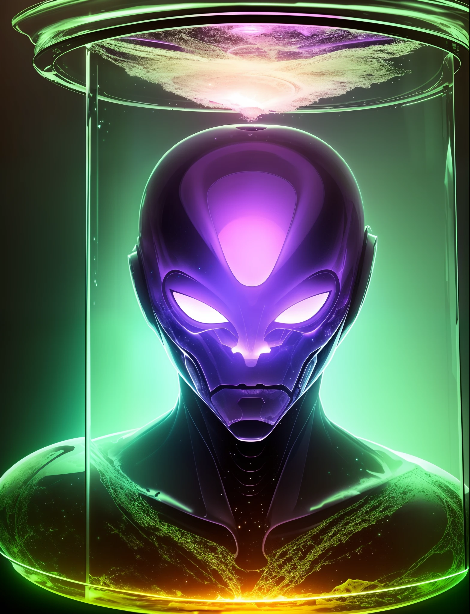 large greenish glass wall with faint purple interior glow with cracked glass, containing a faint image of a large humanoid organic alien floating in liquid. Alien has large feeding tubes connected to it. Fantasy genre.