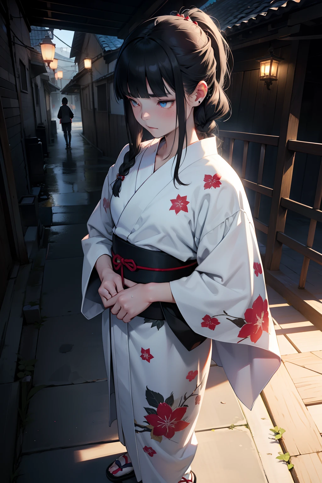 (professhional lighting), ((Beautiful eyes)),wide shot layout,wednesday addams BREAK 12years old,black hair,blunt bangs,pale skin,red eyes,jitome,hollow eyes, half-closed eyes,detailed eyes,beautiful eyes,hair ornaments at hexagram,1girl,solo,braid,ashamed,troubled expression,best quality,ultra-detailed,(masterpiece),sweat,wear Yukata, plaing Bon Odori,on Bon Odori venue,looking away,fullbody,