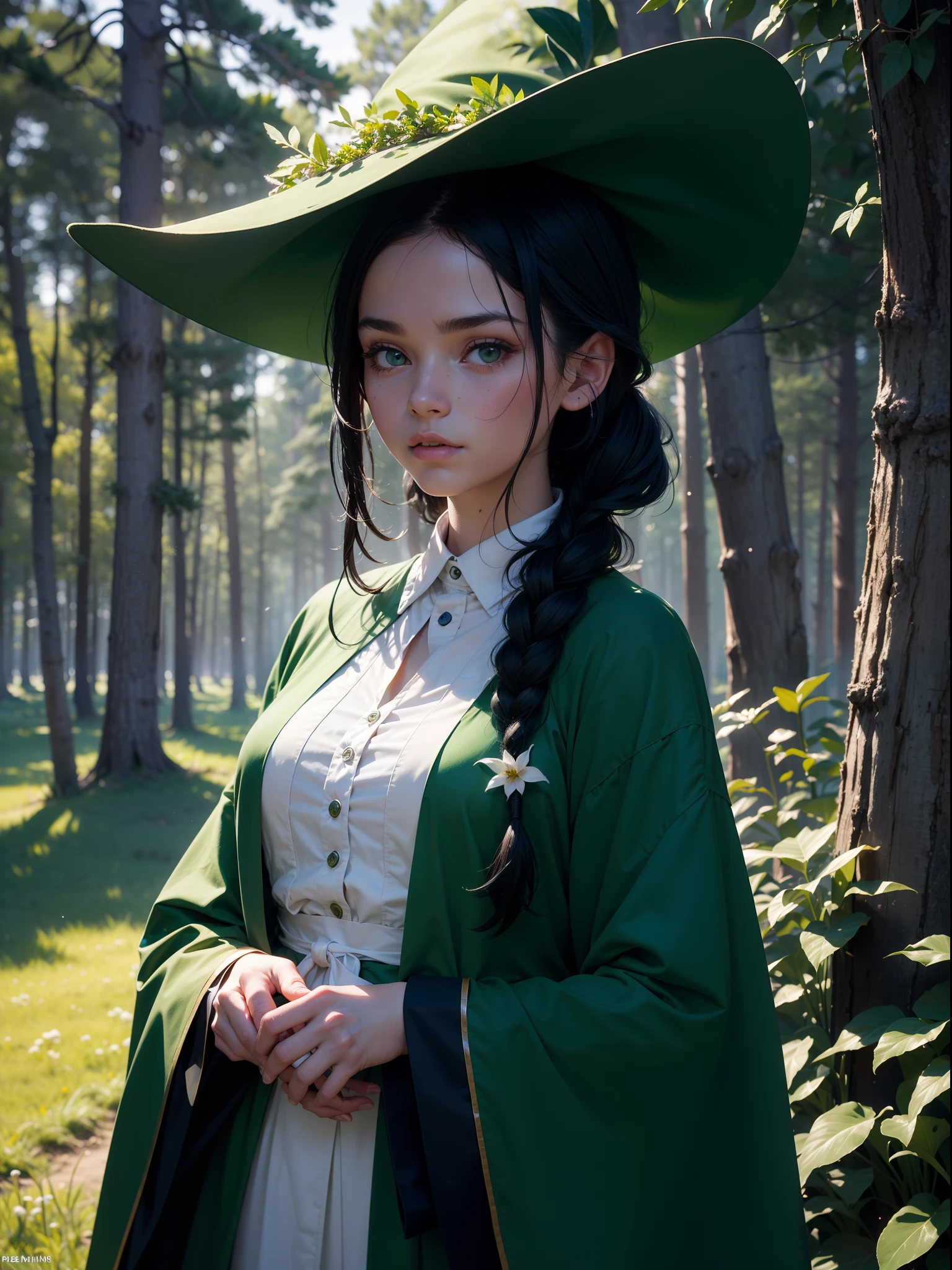 (Simple green witch robe and big green shirt,Cute girl with simple green witch big hat and braid, Cute black hair girl, Approx.10 years old, short height, Dark hair , Green dressing gown, Split lips,Upper body, light Particle, forest, Intense sunlight,Effect of twinkling aerial light,Oversized shirt,lanthanum),​masterpiece, top-quality, At 8K, detailed skin textures, Detailed Cloth Texture, beautifull detailed face, intricate detailes, ultra-detailliert, Regina Display, Super Detail, high details, High quality, Best Quality, hight resolution, 1080p, in 8K,