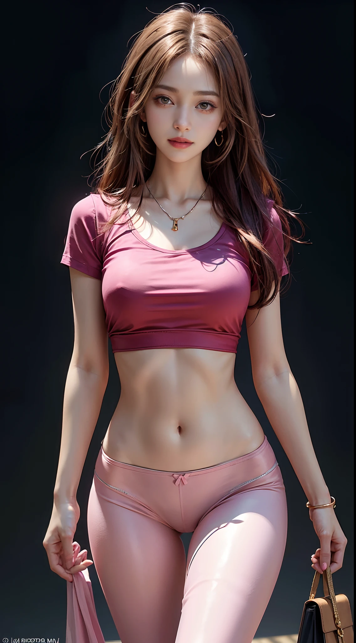 8k, masterpiece, RAW photo, best quality, photorealistic, extremely detailed CG unity 8k wallpaper, Depth of field, Cinematic Light, Lens Flare, Ray tracing, (extremely beautiful face, beautiful lips, beautiful eyes), intricate detail face, ((ultra detailed skin)) 1girl, in the dark, deep shadow, pretty korean girl, kpop idol, 1 girl, (very slim slender fit-muscled body:1.3), ((looking at viewer)),(big smile:1.3), (tight pink pants), (laced pants), (midnight, dark night, (neon sign), (blurred background), dim light), (without people in the background:1.3), beautiful earrings, bracelets, necklace, pantyhose, clear eyes, walking , front shot, (pale skin), (big eyes), face forward, (full body shot), ((silk hot pink shirt)), (brown hairs), (laced shirt), open navel, (looking at viewer:1.3) very slim, medium breasts, hermes bag, (camel toe), thick thighs