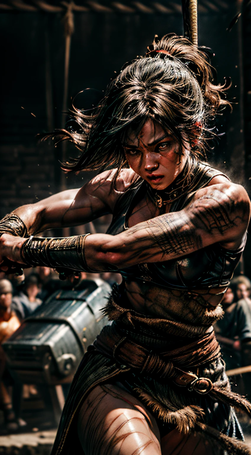 (masterpiece, high resolution: 1.3), (medieval female warrior: 1.1), (a skilled Amazon: 1.1), (bodybuilder Arafed, feminine and defined, Aleksandra Waliszewska, full breasts, defined physique, thin waist, pretty face, bright eyes, perfect eyes, serious and concentrated look, long hair wet with sweat, messy), wearing only sarashi, breastplate, bandages on breasts, bandages on arms: 1 3), ((muscular body with multiple marks and scars from intense fights)), ((extremely intricate and detailed marks and scars on the body)), (fierce determination on his face: 1.1), (delivering a sword strike in an arena: 1.2), (debris from the impact suffered from the blows: 1.2), (Nikon D850 camera, known for its high-resolution capability: 1.2), (paired with the versatile Nikon AF-S NIK KOR 24-70mm f/2.8E ED VR :1.2), (capturing the raw and intense atmosphere of the medieval colisel-like arena :1.1), (a powerful impact of the sword swing:1.1), (the rhythmic sound of the sword striking:1.1), (sparks flying in the air:1.2), (the heat and sweat of hard battle:1.1), (a test of skill and strength:1.1), (the skillful hands of the warrior wielding the sword :1.1), (a glimpse of the art of fencing:1. 1), (a fusion of strength and delicacy: 1.1), (the timeless tradition of swordsmanship: 1.1), (the warm and earthy environment of the arena: 1.1), (a scene of dedication and skill: 1.1), (the burning passion fights: 1.1), (illuminated by the glow of impact: 1.1), (the birth of a blade, symbol of strength and honor: 1.1), (an immersive experience in the world of medieval warriors: 1.1 ).