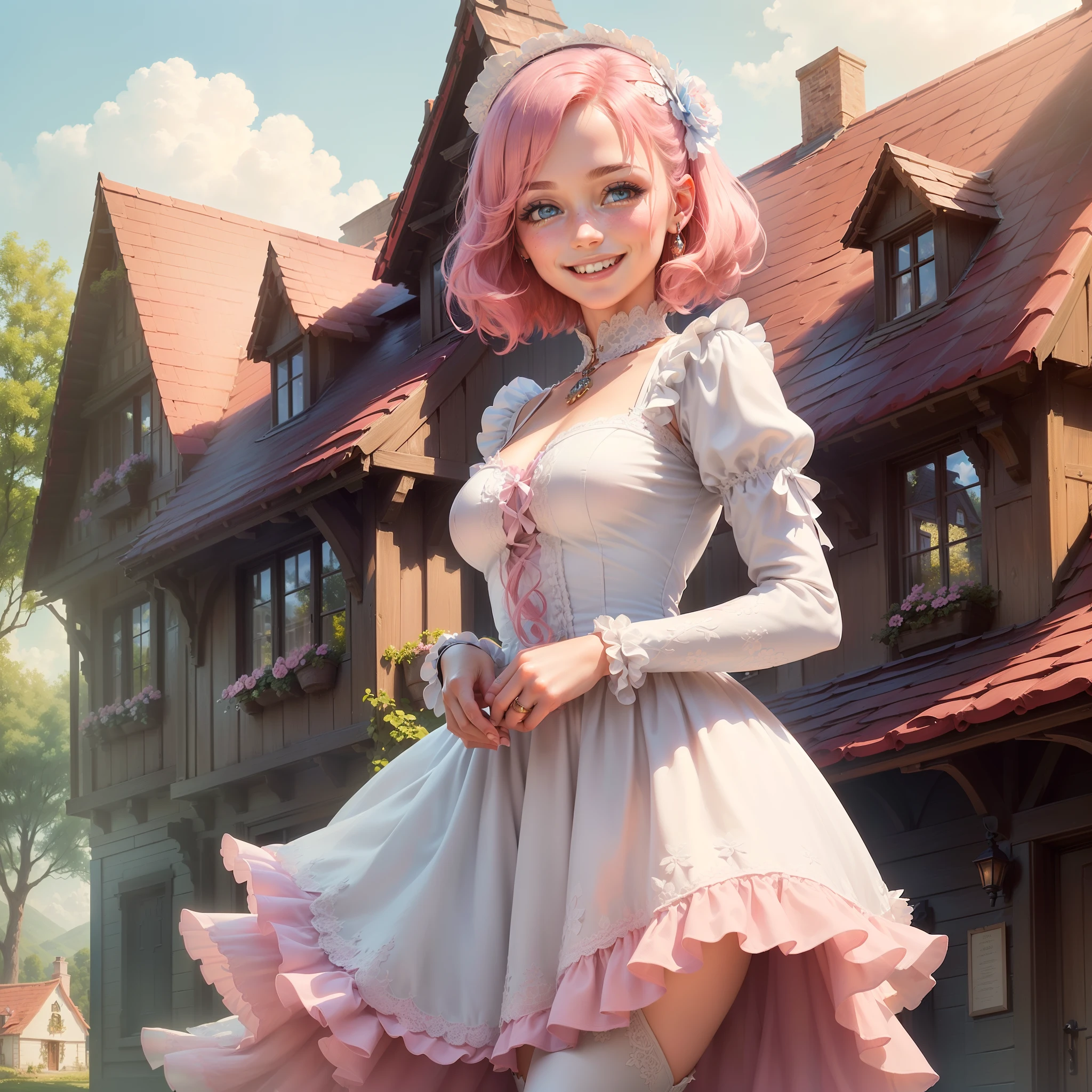 (1girl:1.5), (solo:1.5), ((a beautiful adult woman)), (European:1.4), (Anglo-Saxon features:1.3), (((happy smile, bright cheerful eyes))), ((pink hair, blue eyes, detailed blue iris)), (pink and white feminine frilly dress:1.4), (((exterior of an elaborate fantasy cottage mansion, fantasy setting, rural countryside))), masterpiece, work of art