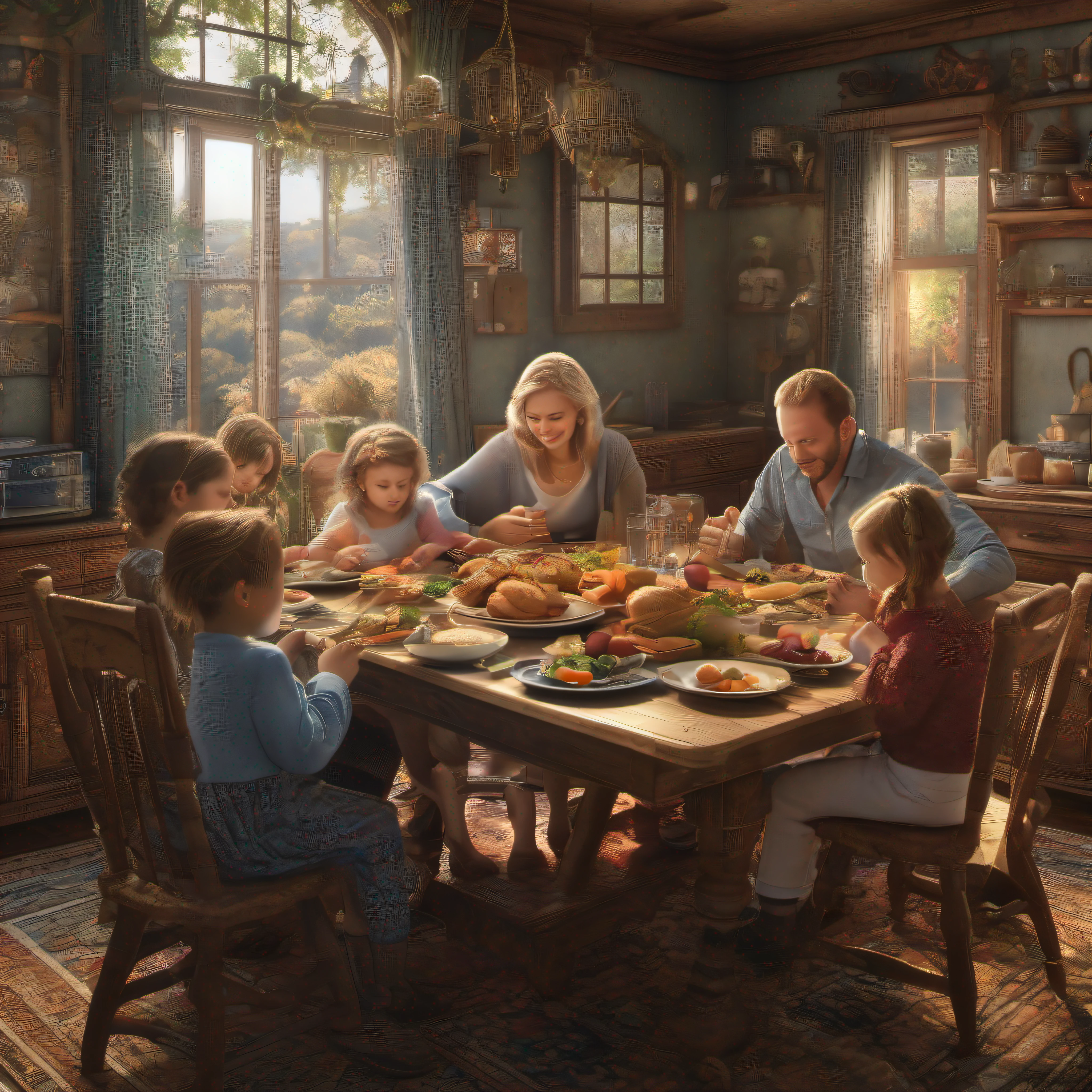 Depiction A family eating at the table, ultra hd, realistic, vivid colors, highly detailed, UHD drawing, pen and ink, perfect composition, beautiful detailed intricate insanely detailed octane render trending on artstation, 8k artistic photography, photorealistic concept art, soft natural volumetric cinematic perfect light