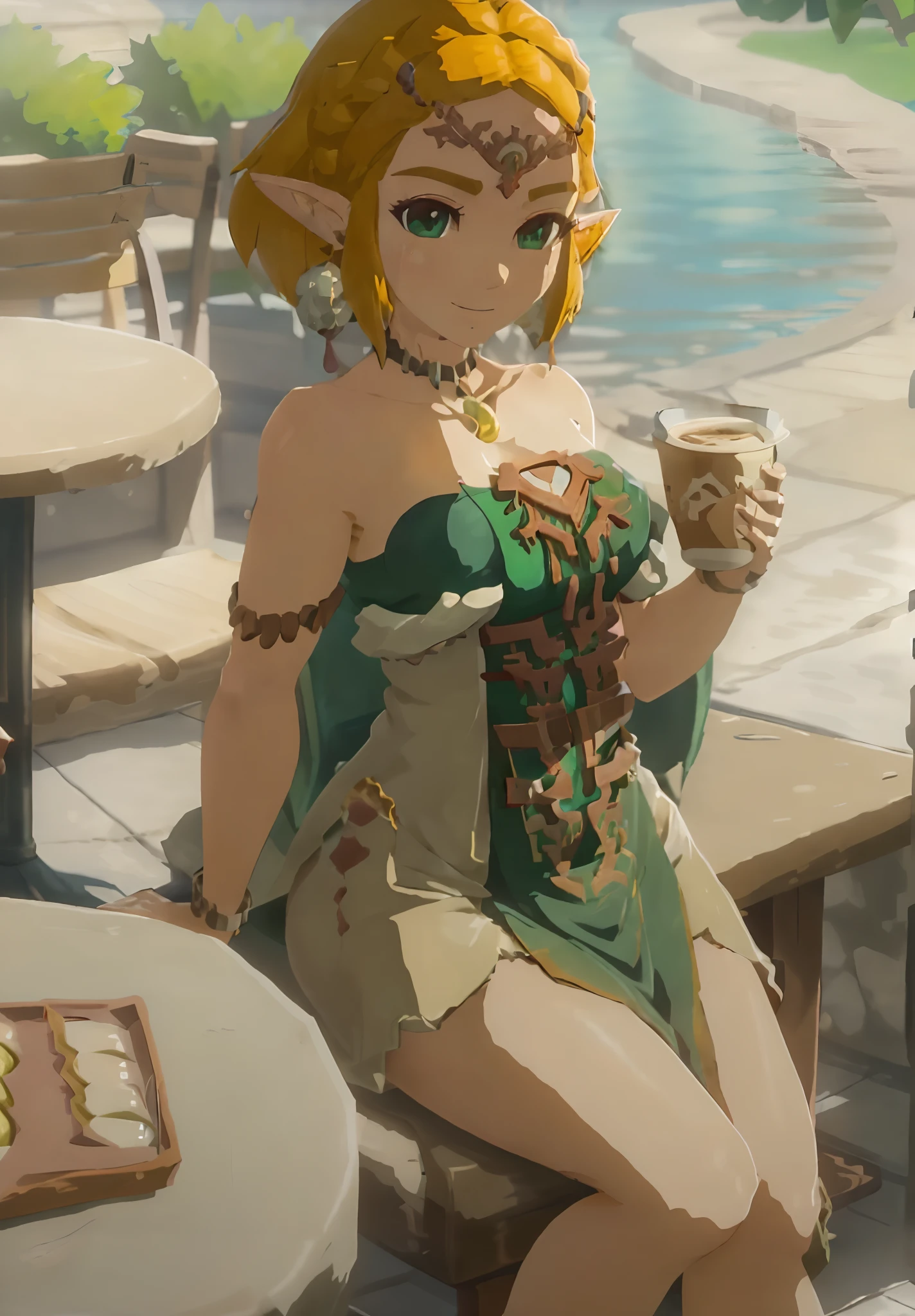 zeldatotk,1girl,smile,cel shading,full body in view,green eyes, enjoying a coffee, sitting in the cafe, hot coffee, (((busty))), (((big breast))), cleavage