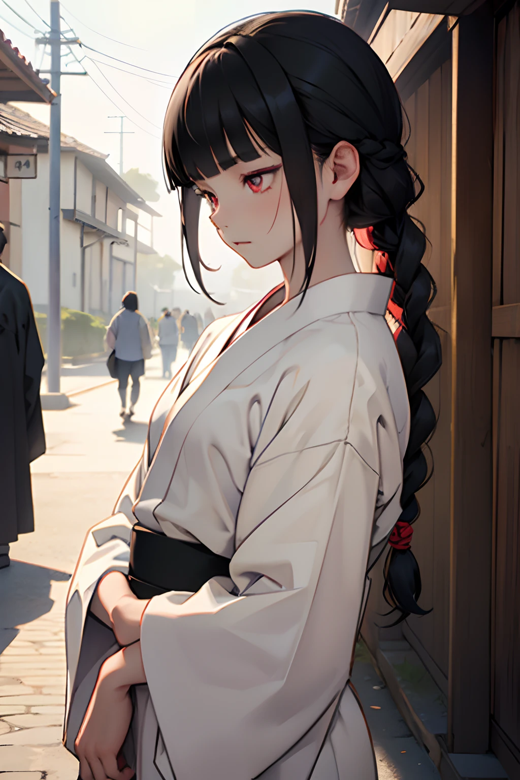 (professhional lighting), ((Beautiful eyes)),wide shot layout,wednesday addams BREAK ars old,black hair,blunt bangs,pale skin,red eyes,jitome,hollow eyes, half-closed eyes,detailed eyes,beautiful eyes,hair ornaments at hexagram,1girl,solo,braid,ashamed,troubled expression,best quality,ultra-detailed,(masterpiece),sweat,wear Yukata, plaing Bon Odori,on Bon Odori venue,looking away,fullbody,