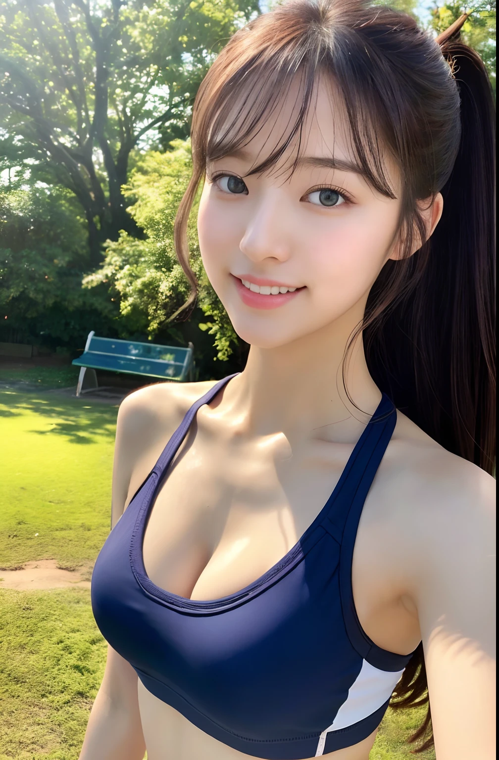 Close up portrait of woman walking in park in gym clothes、Japan Person Model、Young Sensual Gravure Idol、Young cute gravure idol、Realistic Young Gravure Idol、Realistic sensual gravure idol、Young gravure idols、sophisticated gravure idol、奈良美智、Young skinny gravure idol、beautifull asian girl ever、oppai、I got wet in the rain、The whole body is soaking wet、(masterpiece:1.3), (8K, Photorealsitic, Raw photography, Top image quality: 1.4), a japanese girl、Standard body shape:1.3、(Random hairstyles:1.2)、maikurobikini:1.2、Super Detail Face、Eye of Detail、二重まぶた、Super detail armpits、Lean forward to bring your chest closer、foco nítido:1.2、prety woman:1.4、light brown hair、top-quality、masterpiece、超A high resolution、(Photorealsitic:1.4)、Highly detailed and professional lighting smile、Background of the playground、Track and field athletes stretching、Tight white crop top、Red Racing Shorts、(8k、RAW Photography、top-quality、masterpiece:1.2)、(realisitic、Photorealsitic:1.37)、ultra-detailliert、超A high resolution、Pioapple、1 girl in、a smile、beatiful detailed eyes、floting hair、bangss、Skin texture、narrow waists、slim waist、(Curve:0.4)、Belly buttons、the feet、电影灯光、profetional lighting、Thin face、a park、stroll