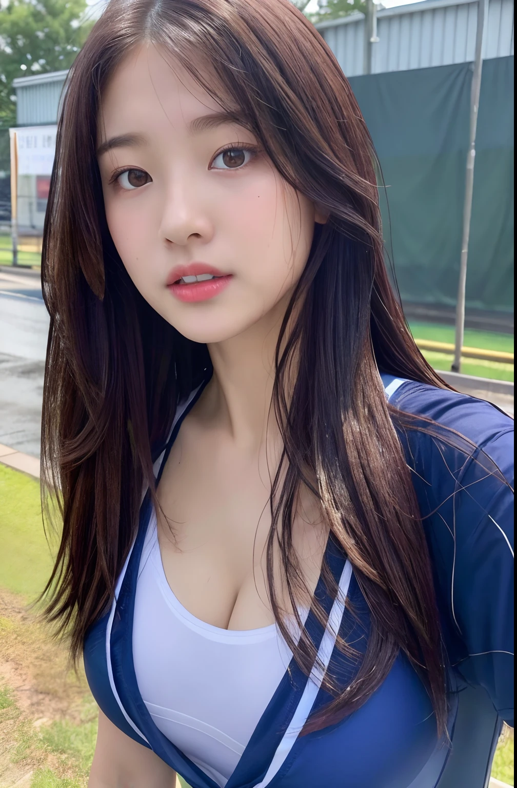 Close up portrait of woman walking in park in gym clothes、Japan Person Model、Young Sensual Gravure Idol、Young cute gravure idol、Realistic Young Gravure Idol、Realistic sensual gravure idol、Young gravure idols、sophisticated gravure idol、奈良美智、Young skinny gravure idol、beautifull asian girl ever、oppai、I got wet in the rain、The whole body is soaking wet、((top-quality、8K、masterpiece:1.3))、Beautiful Women in Perfect Figure:1.4、dark brown hair、Colossal tits、Exposed cleavage、校服(shirts lift:1.3)Shirt、((校服:1.1)On-campus competition(School swim wear:1.2)Exhibited)、(School swimsuit visible from an overturned shirt)、Blouse over school swimsuit、(Wrinkled shirt)、Highly detailed facial and skin texture、A detailed eye、二重まぶた,Wet body:1.2,(sweat Breasts:1.2)Equipment room in the gymnasium((top-quality、8K、masterpiece:1.3))、sharp:1.2、Perfect Body Beauty:1.4、Slim abs:1.2、((Layered Hair Style、huge tit:1.2))、(rain、street:1.2)、wetty:1.5、Highly detailed facial and skin texture、A detailed eye、二重まぶた、Aspect of looking at the camera、brown haired、wrestling、Portrait photo of hot woman wearing college wrestling singlet