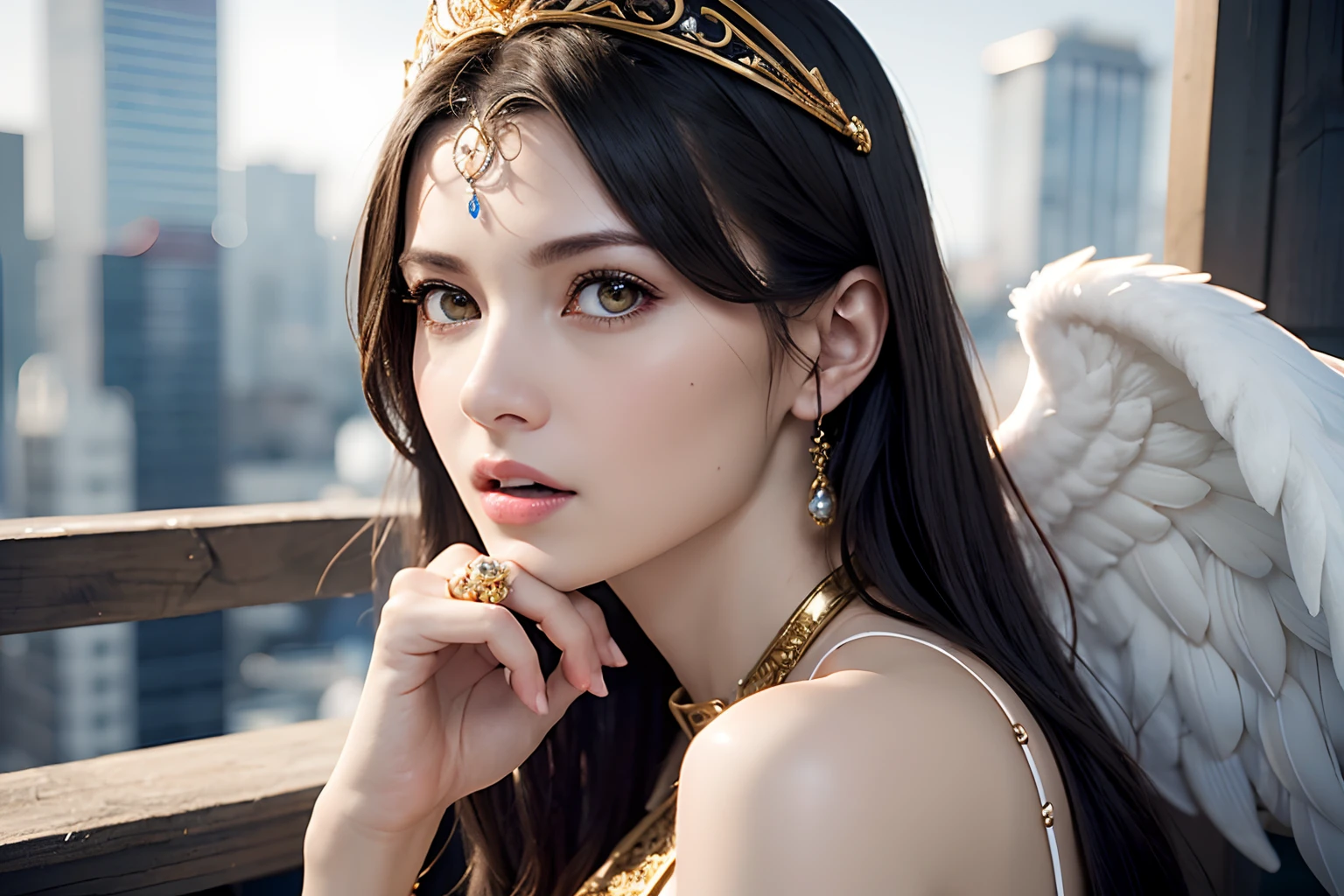 Ultra-detailed complex 3D rendering of the face, (Colossal: 8.8), (masterpiece, top quality, octane rendering, 8K), glamour shot full body image, cleavage, (highly detailed skin: 1.2), (exposure: 1.1), (blonde), (wearing a plummet tank top of gold silk: 1.5)), blonde hair, beautiful Caucasian woman with full soft breasts and white skin, one with big ass, long braided hair, big breasts, dynamic angle, mystical expression, ultra-realistic photography, (((((portrait))), bare feet, futuristic city background, facial muscles, detailed and beautiful queen tiara, in the style of Marvel Comics, clear focus, studio photography, intricate details, highly detailed, detailed yellow eyes, sharp focus, digital rendering, professional, abs, ((((sexy pose))), natural jungle, open mouth lightly, mansle, open crotch, seductive look, angel ring, detailed angel wings, angel ring, detailed mouth inside,