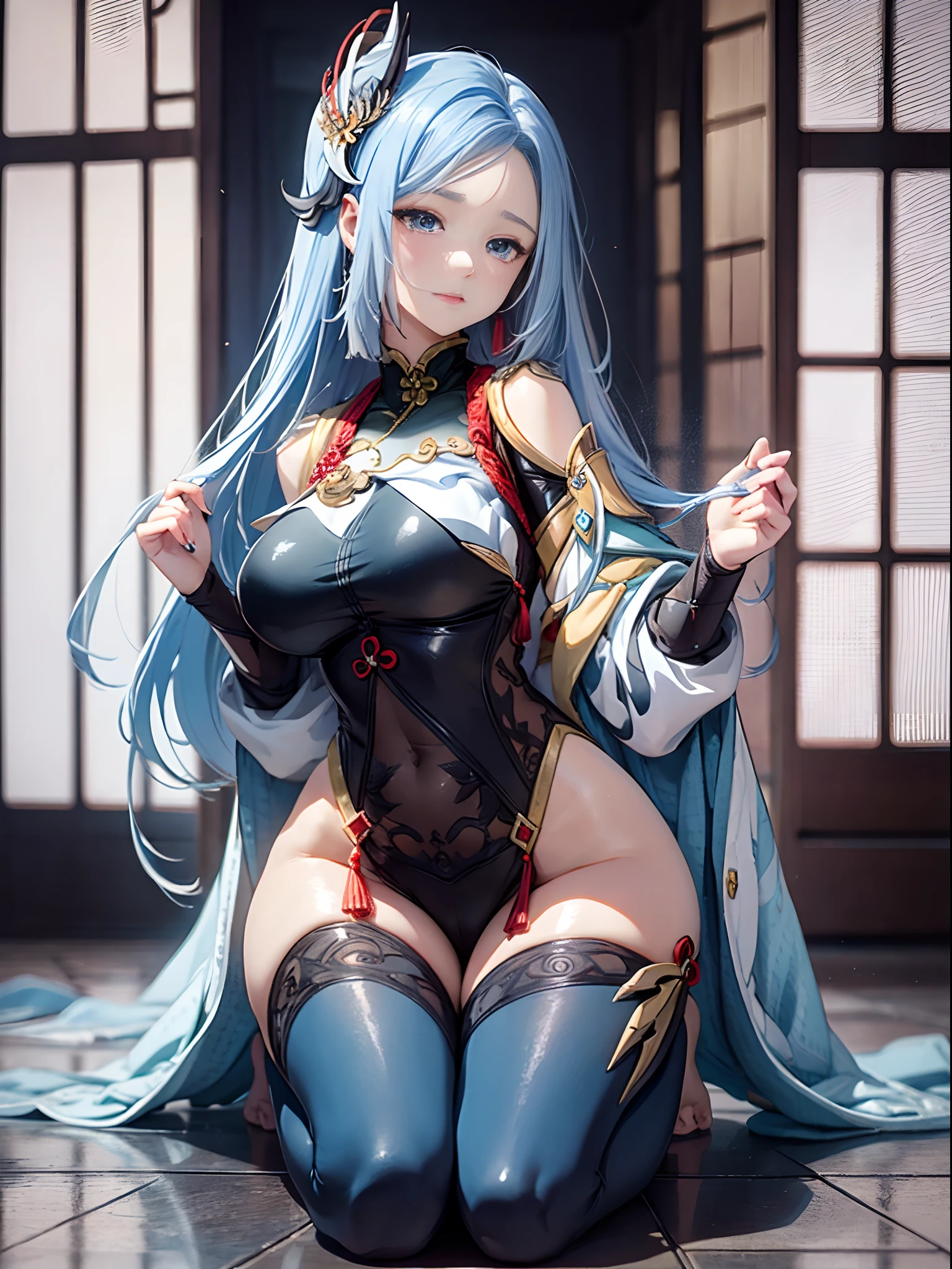 (Enrich the picture,Masterpiece level quality)Beautiful 8K CG artwork,Goddess-like posture,Kneeling exercise,Slim and soft,Translucent skin,Blue hair、The beauty of extra-long hair, Super Long Straight Hair,The skin is fair and juicy,Big JK Uniform,Perspective Part 1.2x enhanced silhouette effect,Exquisite transparent blues pattern in pajamas,The details are intricate and exquisite,The background is slightly blurred,Charming and lustful leg seduction,Drool,Extra-large big breasts,Blush,Japan goddess,Perfect body slim curves,