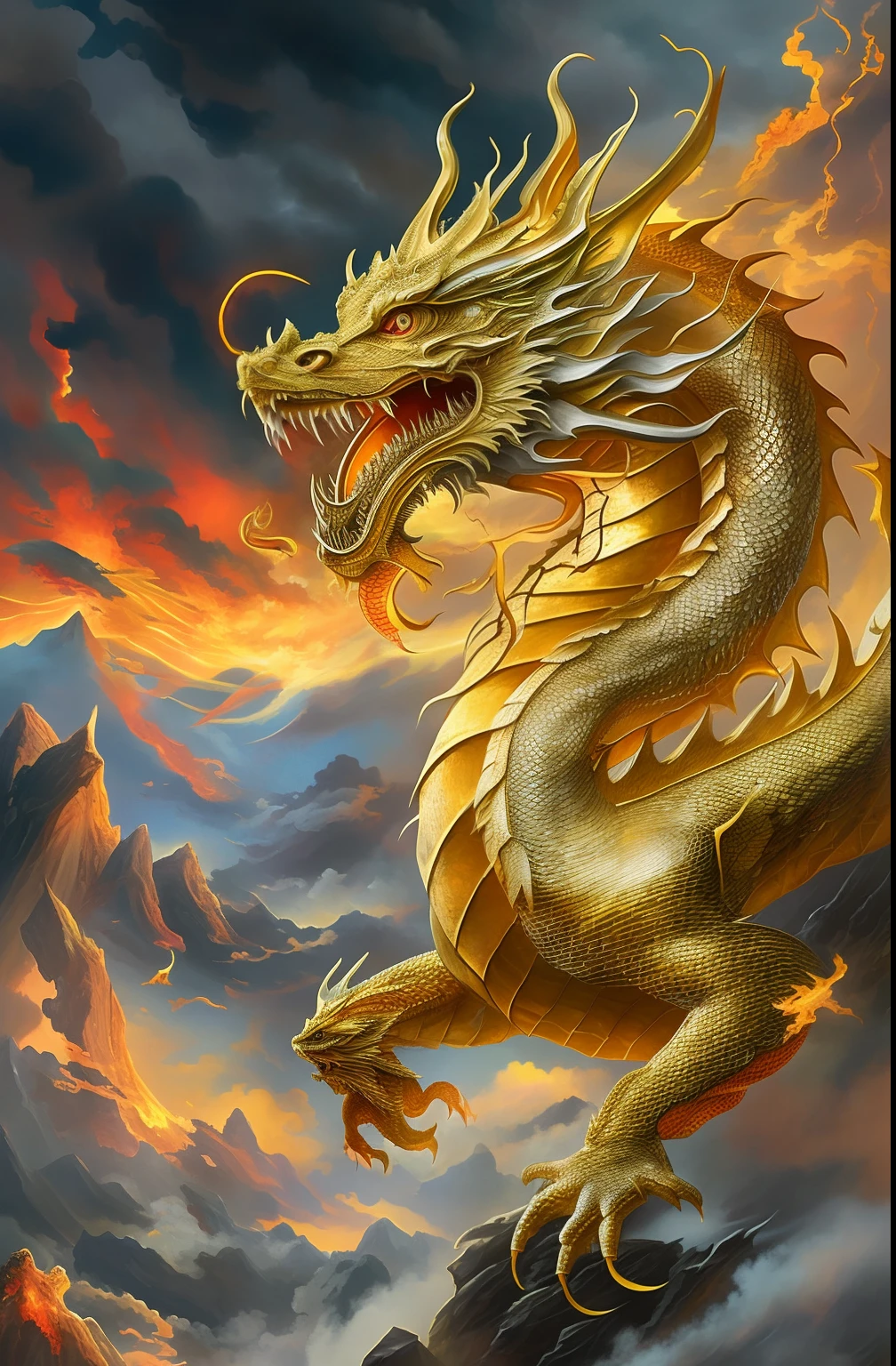 Close-up of a golden dragon in a cloudy sky, golden dragon, colossal dragon as background, Oil painting of a dragon, chinese dragon concept art, legendary dragon, smooth chinese dragon, Chinese dragon, epic dragon, Majestic Japanese Dragon, dragon art, ''dragon breathing fire, loongs, Phoenix Dragon, a dragon, dragon breathing fire, fire flaming dragon serpent, fire dragon