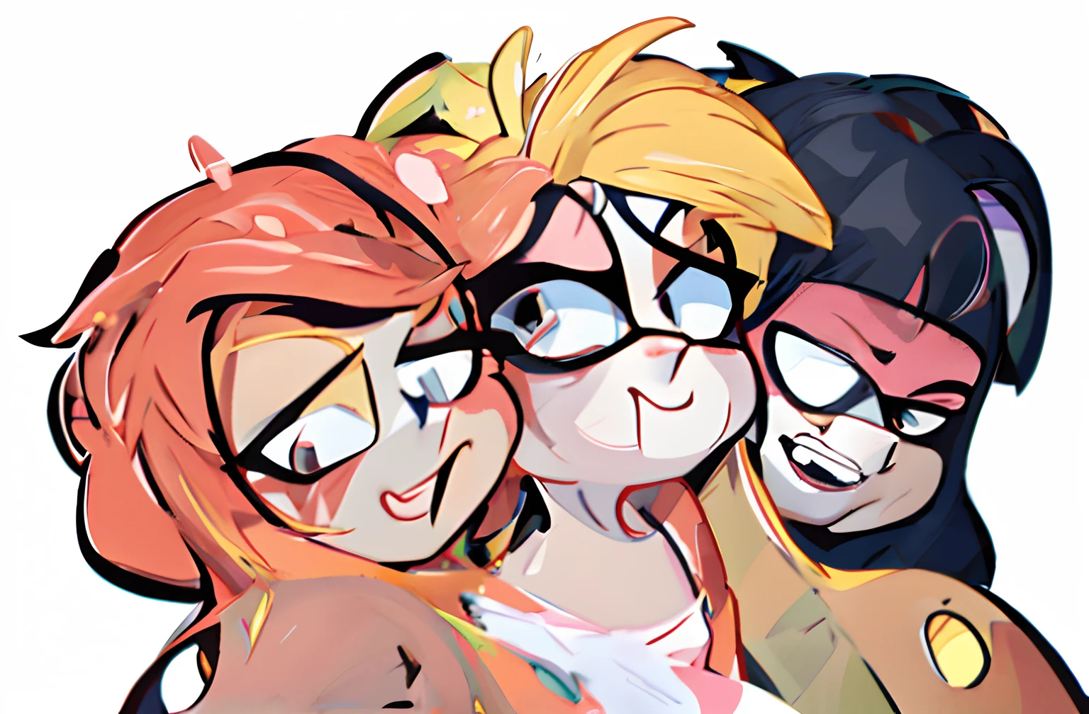 cartoon drawing of a couple of women with different colored hair, cel shaded!!!, cel shaded:15, ren and stimpy style, cel - shaded art style, cel-shaded:15, closeup at the faces, close up bust shot, cel-shaded:17, clean cel shaded, with splatoon style, closeup faces, r / art