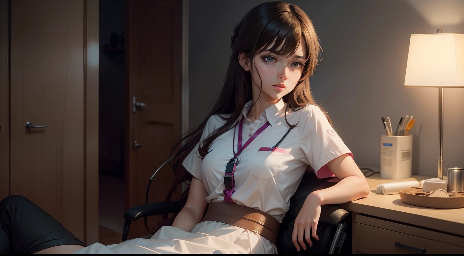 There is a medical room,A brunette doctor is treating a man,Inside there is a table and a lamp, surgery room, , Beautiful anime girl, Beautiful Anime High School Girls, seductive anime girls, attractive anime girls, Anime girl, up of young anime girl, pretty anime girl, An anime girl, style of anime4 K, realistic anime artstyle, Anime girl in real life