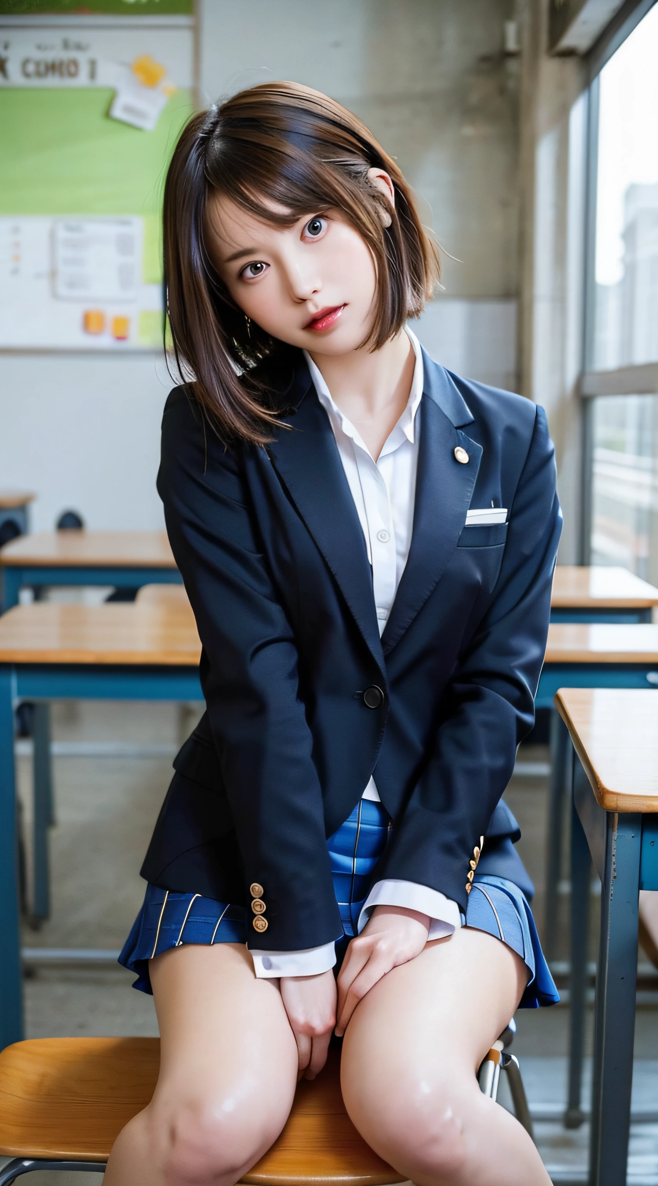 Top Quality, Photorealistic, 8K, High Definition, 1 Girl, Female, (Middle: 1.8), School Classroom, High School Girl, Blazer, Uniform, Pubic Hair Visible, No Panties, Skirt Boldly Pulled Up With Your Hands ((Sit on a Chair and Open Your Legs Wide)), Bend Your Knees and Open Your Legs, Slightly Short Hairstyle, Grab Your Knees With Your Hands and Open Your Legs, Hold Your Knees and Sit Holding Your Knees