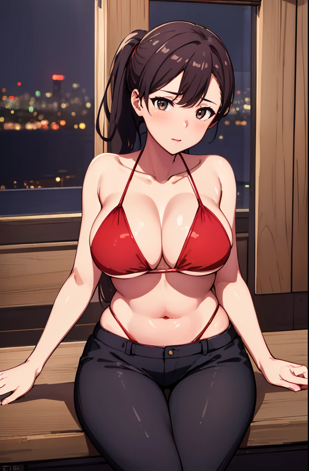 (Night:1.7), Japan, Tokyo, CityView, Before Window,
Standing at attention, Sitting on tatami,
Red bikini, silky bikini,
low_ponytail,brown eyes,brown hair, bangs,Hair_bun,pout expression,
1 girl, 20yo,mature female,Beautiful Finger,Beautiful long legs,Beautiful body,Beautiful Nose,Beautiful character design, perfect eyes, perfect face,
looking at viewer, in the center of the image,
NSFW,official art,extremely detailed CG unity 8k wallpaper, perfect lighting,Colorful, Bright_Front_face_Lighting,
(masterpiece:1.0),(best_quality:1.0), ultra high res,4K,ultra-detailed,
photography, 8K, HDR, highres, absurdres:1.2, Kodak portra 400, film grain, blurry background, bokeh:1.2, lens flare, (vibrant_color:1.2)
(Beautiful,Large_Breasts:1.6), (beautiful_face:1.5),(narrow_waist),EasyNegative, bad-artist-anime, bad-hands-5, lowres, bad anatomy, bad hands, text, error, missing fingers, extra digit, fewer digits, cropped, jpeg artifacts, signature, watermark, username, blurry, out of focus, censorship, Missing vagina, Blurry faces, Blank faces, bad face, Ugly, extra ear, amputee, missing hands, missing arms, missing legs, Extra fingers, 6 fingers, Extra feet, Missing nipples, ghost, futanari, Extra legs, Extra hands, panties,pants, (painting by bad-artist-anime:0.9), (painting by bad-artist:0.9), text, error, blurry, jpeg artifacts, cropped, normal quality, artist name, (worst quality, low quality:1.4),twisted_hands,fused_fingers, Exposed_nipples.