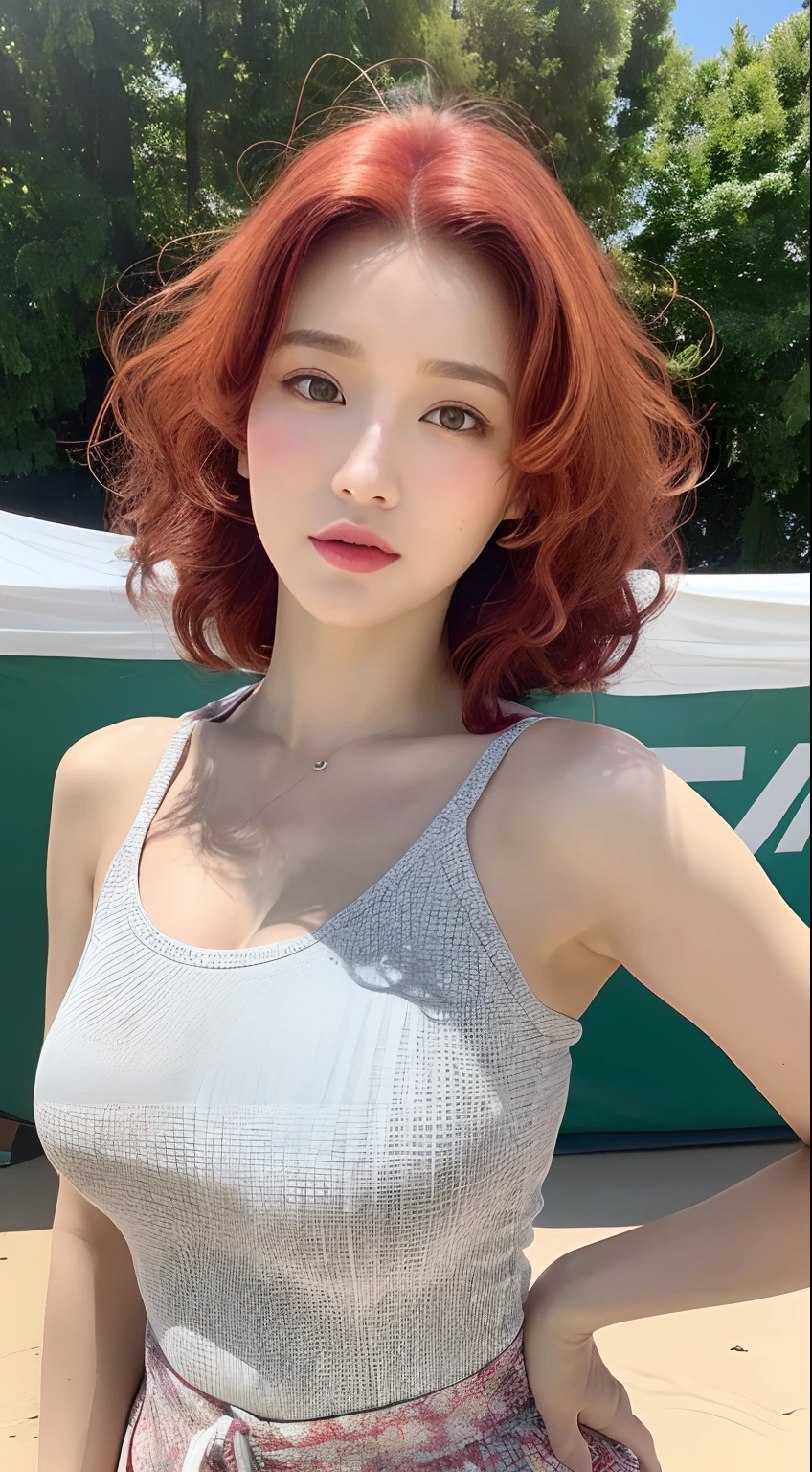 ((Realistic lighting, best qualtiy, 8K, tmasterpiece:1.3)), sharp fokus:1.2, 1girll, Beautiful Women with Perfect Figure:1.4,, ((Red hair,),Cowgirl posture,(exteriors,In the daytime:1.1),Beach by the sea,Ultra-fine face,Fine eyes,二重まぶた,curlies,with fair skin,mideum breasts,Random color clothes