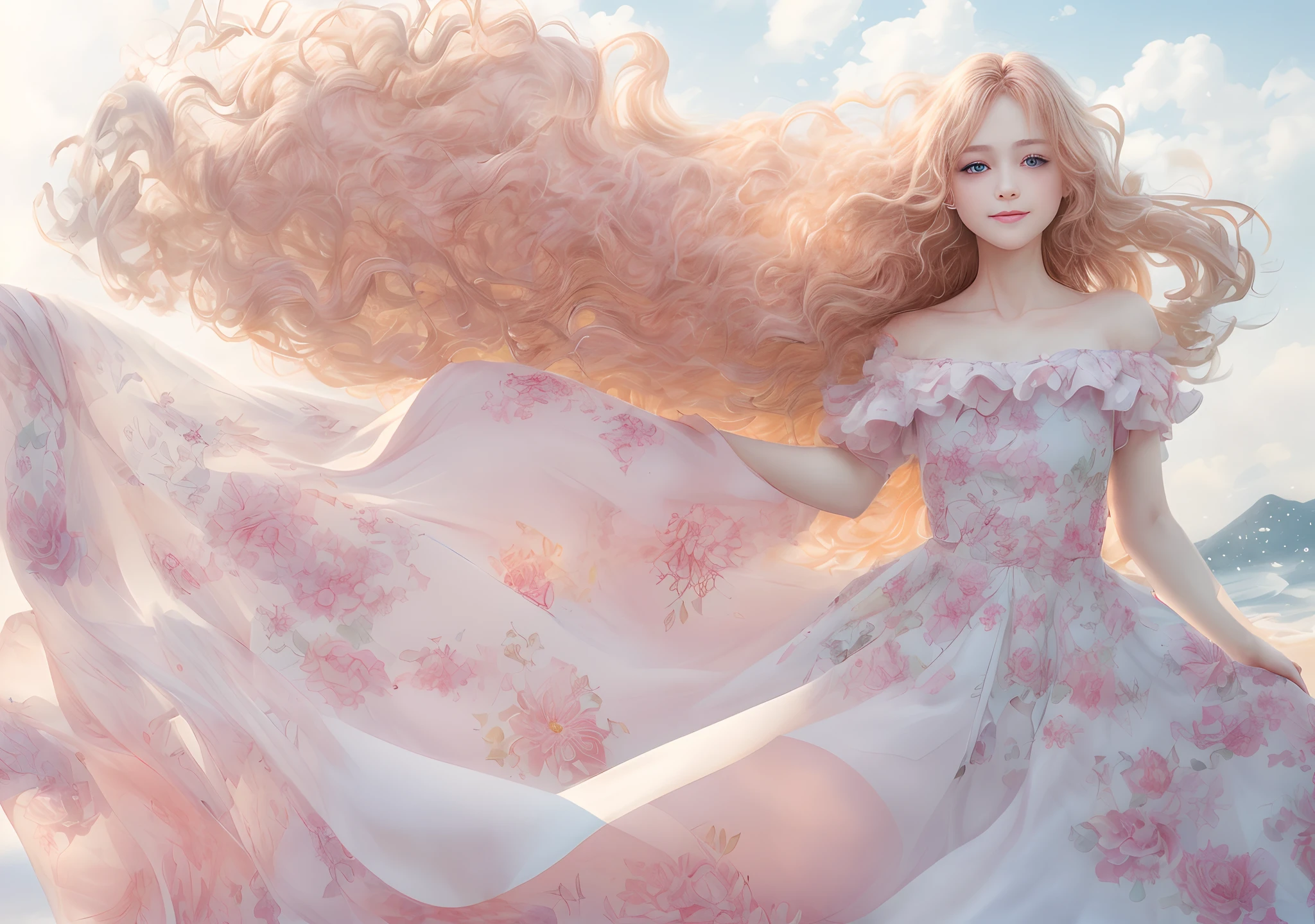 (top-quality、​masterpiece), infp young woman, the pose, Particle, the wind, florals, The upper part of the body, simple background, View here, Long curly blonde hair blown by the wind、blue eyess、 Smiling、Pink floral dré on white cloth