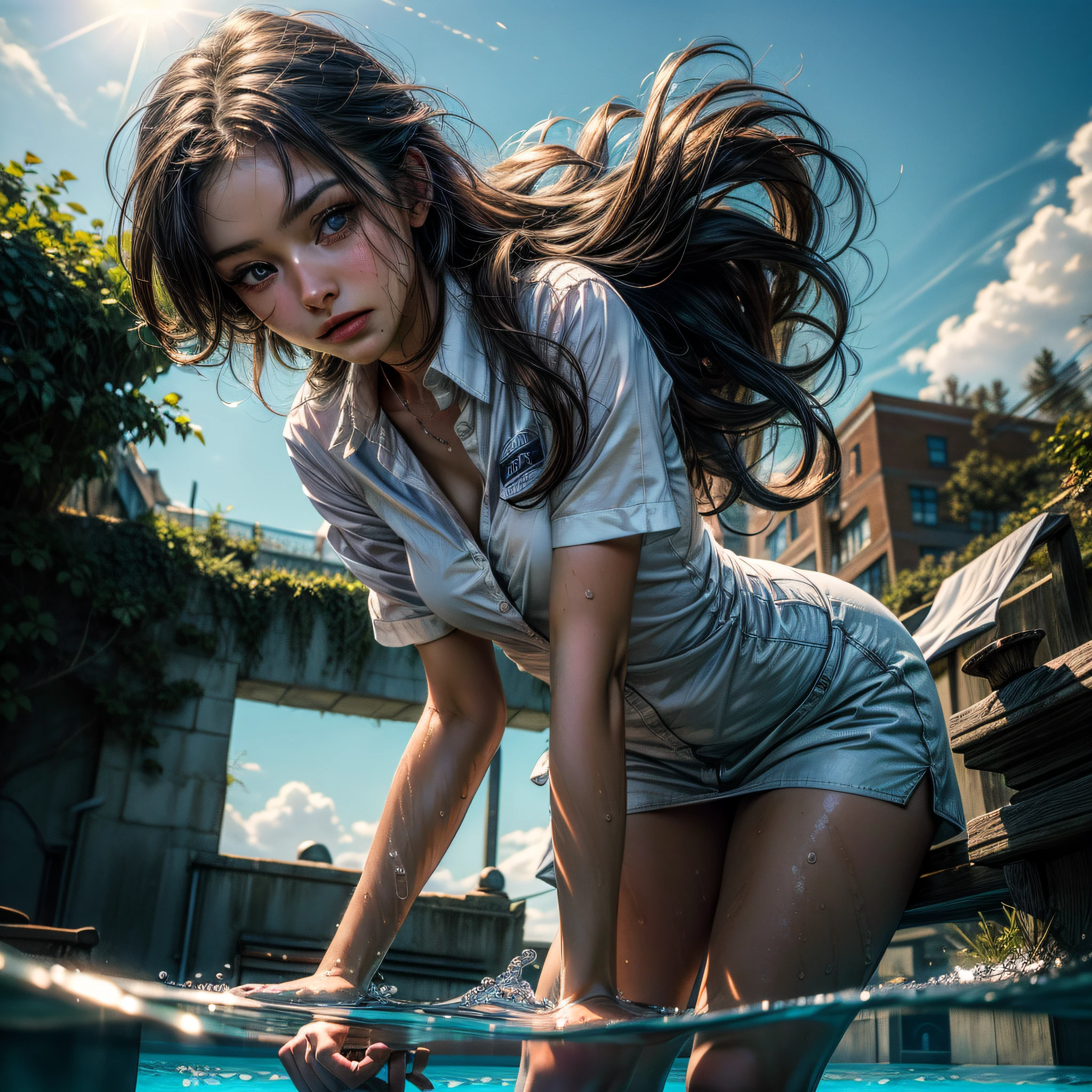 ((masterpiece):1.3),((best quality):1.3), (highres:1.1), ultra-detailed, by the pool, (school:0.9), detailed background, sunbathing, outdoors, 1woman , beautiful eyes, work uniform , hunched over, leaning forward, mischievous, white shirt, floating, HDR, sunlight, (from below: 1.1), (in water: 1.1),