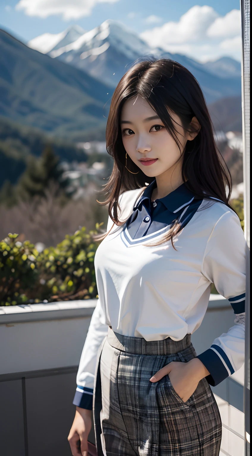 tmasterpiece、top-quality、真实感,Three-dimensional feeling,physically-based renderingt,A high resolution,A female high school student,Medium height,with a good figure,Short black shoulder-length hair、Manteau,Chinese school uniform,Long slacks,Carrying a school bag,Polo shirt,longer sleeves、Not exposed,ssmile,Toothy,on the rooftop,mountain ranges,Background forest,Deep in the mountains,blue-sky,dynamicposes,Well laid out,with whole body visible,Front Shooting,SLR shooting