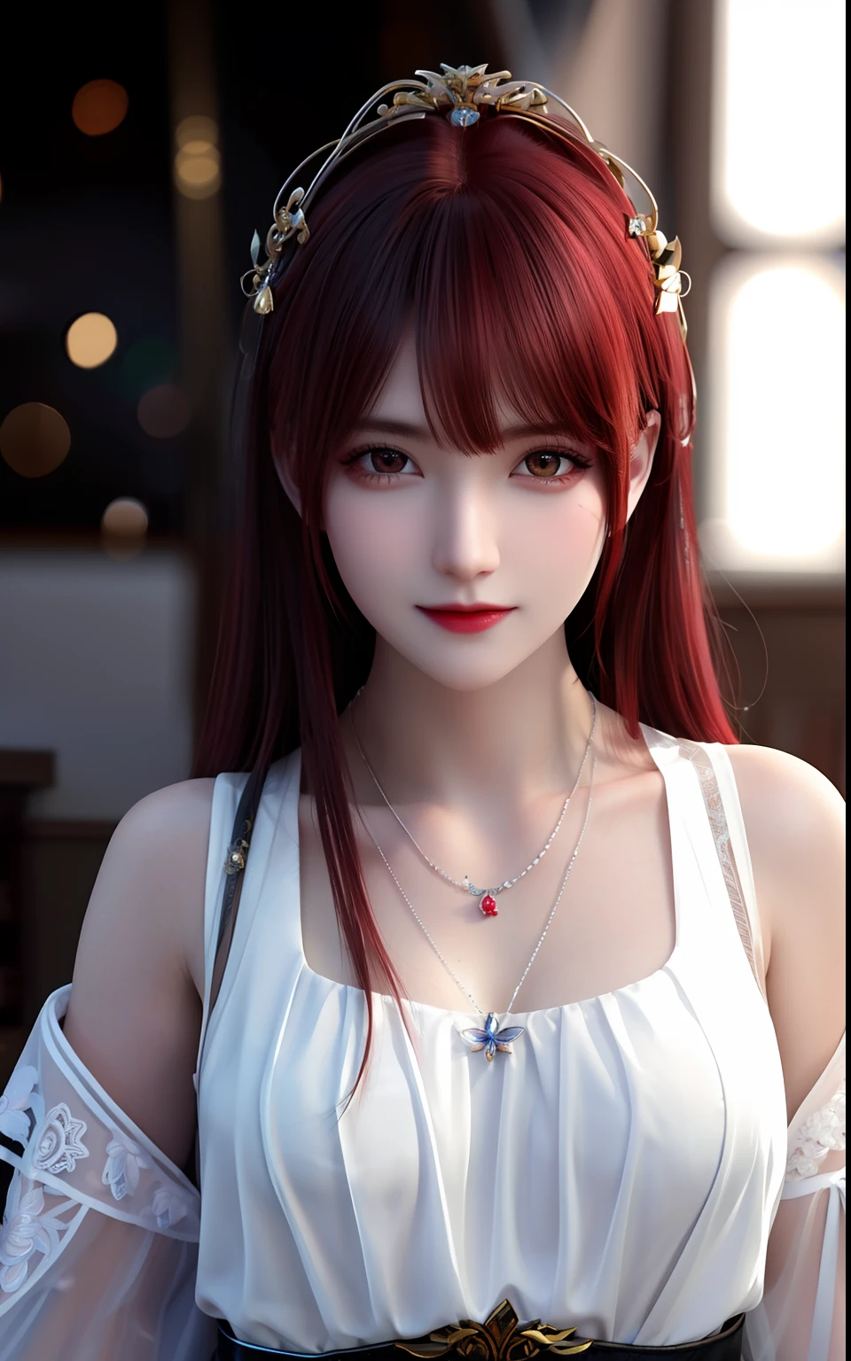 vampire, best quality, masterpiece, highres, 1girl,china dress,red hair, hair ornament,necklace, jewelry,Beautiful face,upon_body, tyndall effect,photorealistic, dark studio, rim lighting, two tone lighting,(high detailed skin:1.2), 8k uhd, dslr, soft lighting, high quality, volumetric lighting, candid, Photograph, high resolution, 4k, 8k, Bokeh