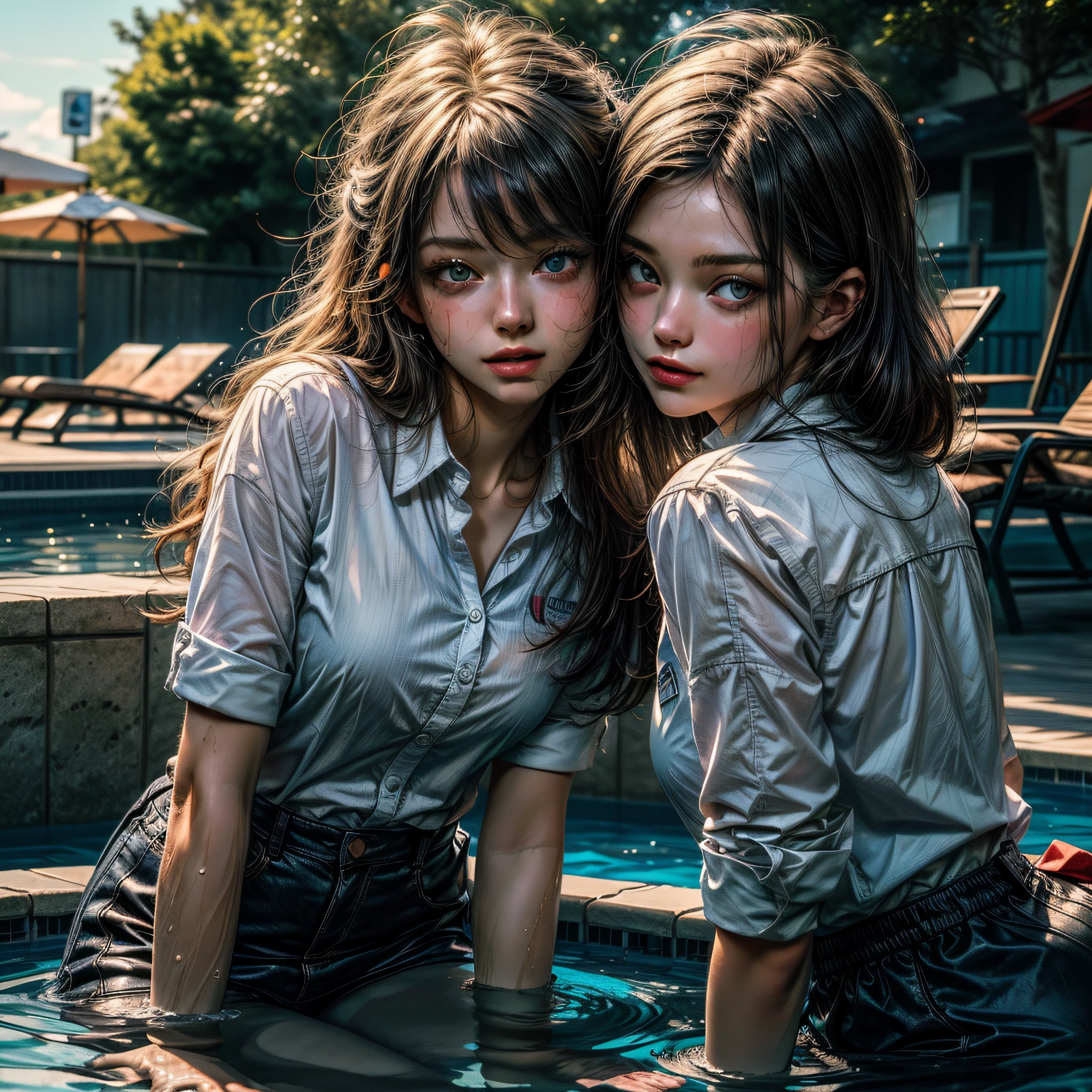 ((masterpiece):1.3),((best quality):1.3), (highres:1.1), ultra-detailed, by the pool, (school:0.9), detailed background, sunbathing, outdoors, 1woman , beautiful eyes, work uniform , hunched over, leaning forward, mischievous, white shirt, floating, HDR, sunlight, (from below: 1.1), (in water: 1.1),