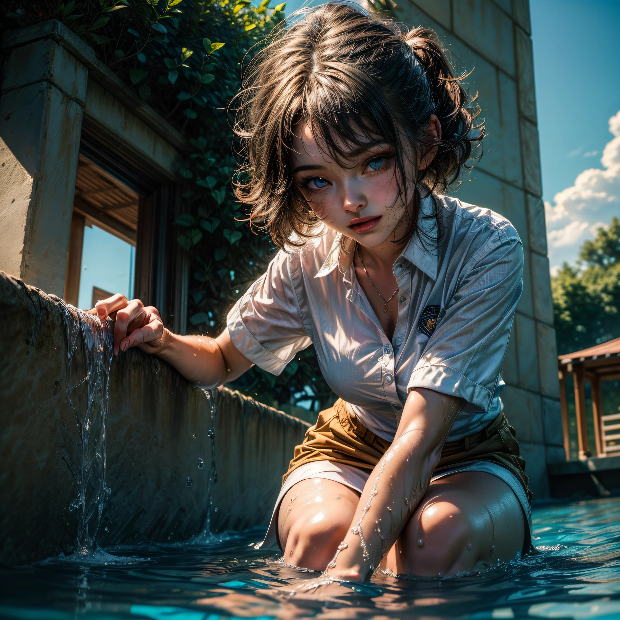 ((masterpiece):1.3),((best quality):1.3), (highres:1.1), ultra-detailed, by the pool, (school:0.9), detailed background, sunbathing, outdoors, 1woman , beautiful eyes, work uniform , hunched over, leaning forward, mischievous, white shirt, floating, HDR, sunlight, (from below: 1.1), (in water: 1.1),