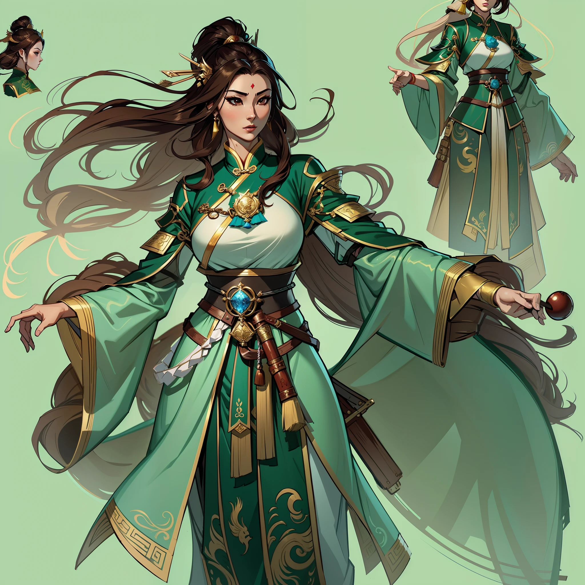 a close up of a woman in her 30's, with brown eyes eyes and brown hair, wearing a green and black ball gown dress, a heroine in wuxia style, with brown eyes, martial artist holding a longbow, standing in a chinese monastary, new costume concept design, in the style of blade and soul, full body character concept, detailed character design, inspired by Yang Jin, inspired by Li Mei-Shu, chinese costume, inspired by Lan Ying, inspired by Sim Sa-Jeong, inspired by Li Tang, lunar themed attire, costume with blue accents, inspired by Ju Lian, colored concept art, highly detailed character design, highly detailed face, inspired by Ai Xuan, very highly detailed face, unreal engine render, final fantasy 14 style, inspired by Leng Mei