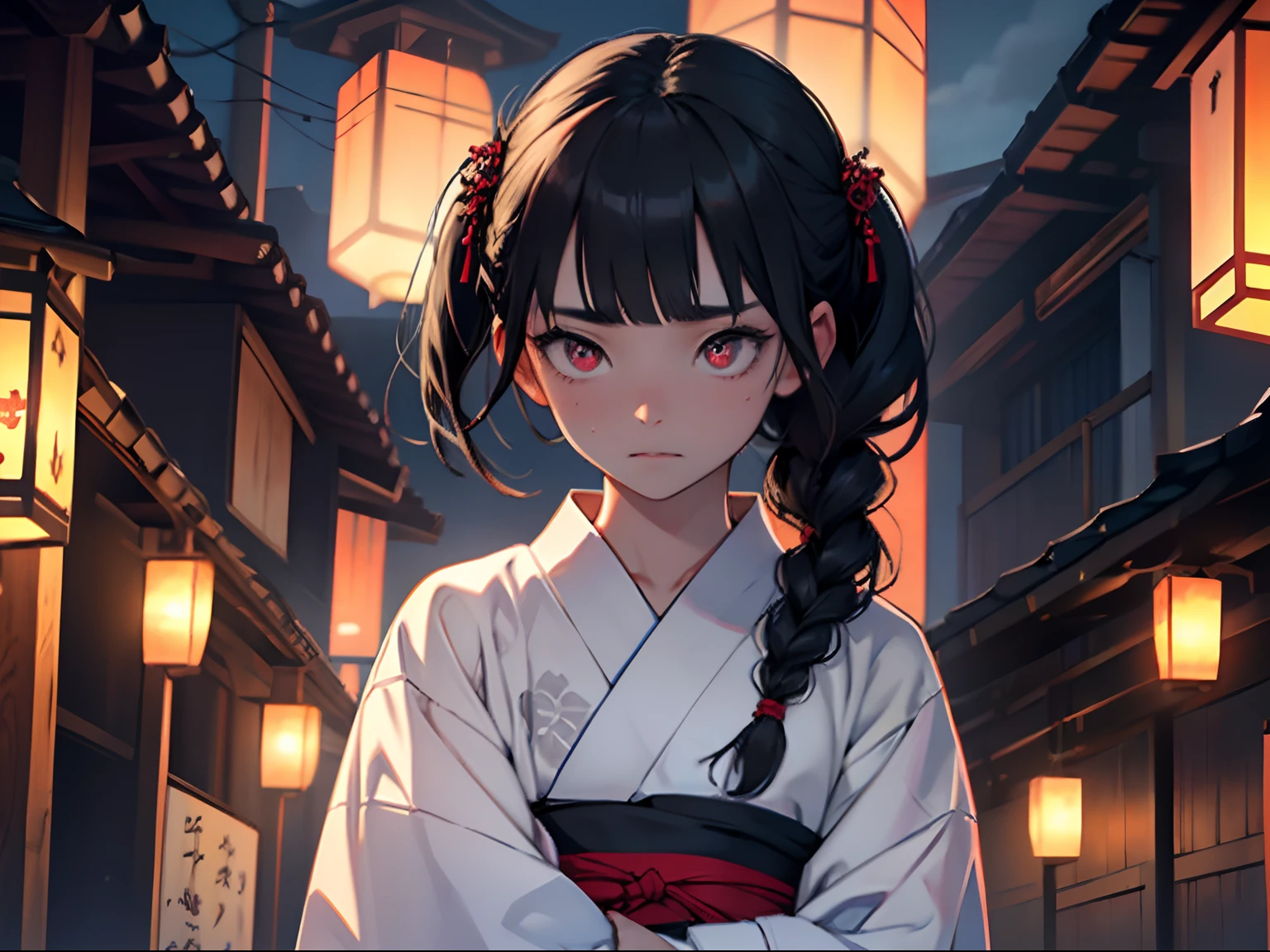 (professhional lighting), ((Beautiful eyes)),wide shot layout,wednesday addams BREAK ars old,black hair,blunt bangs,pale skin,red eyes,jitome,hollow eyes, half-closed eyes,detailed eyes,beautiful eyes,hair ornaments at hexagram,1girl,solo,braid,ashamed,troubled expression,best quality,ultra-detailed,(masterpiece),sweat,wear Yukata, plaing Bon Odori,on night Bon Odori venue,looking away,fullbody,