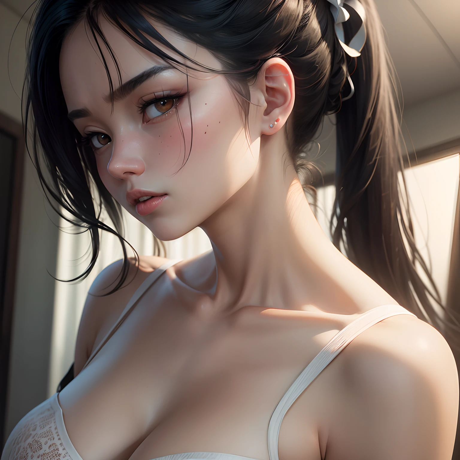 Female neck, white skin, take a deep breathe, close-up neck, looking up, sexy girl, gorgeous chinese girl, front Face, E cup, Overall, black hair, hair behind ear, ponytail, long hair, mole under eye, heterochromia, closed mouth, naughty face, full body, Surrealism, modern, Realism, Verism, cinematic lighting, film grain, Ultra-Wide Angle, fisheye, UHD, masterpiece, anatomically correct, high details, best quality, 8k