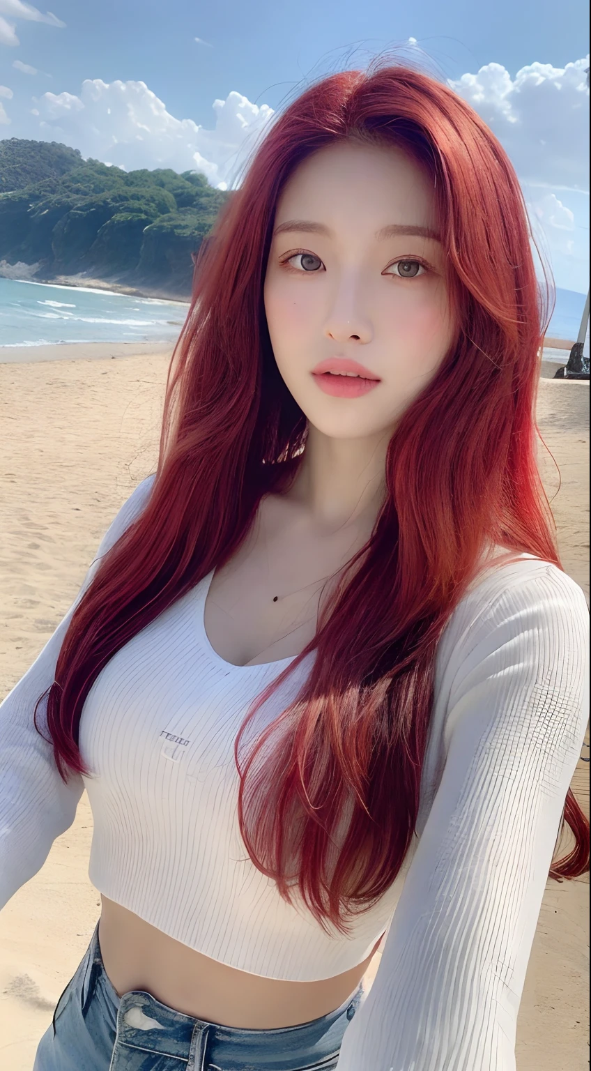 ((Realistic lighting, best qualtiy, 8K, tmasterpiece:1.3)), sharp fokus:1.2, 1girll, Beautiful Women with Perfect Figure:1.4, Slim abs:1.1, ((Red hair, Brustwarzen:1.3))，Cowgirl posture，（exteriors，In the daytime：1.1），Beach by the sea，Ultra-fine face，Fine eyes，二重まぶた，Curly long hair，with fair skin，mideum breasts，Random color clothes