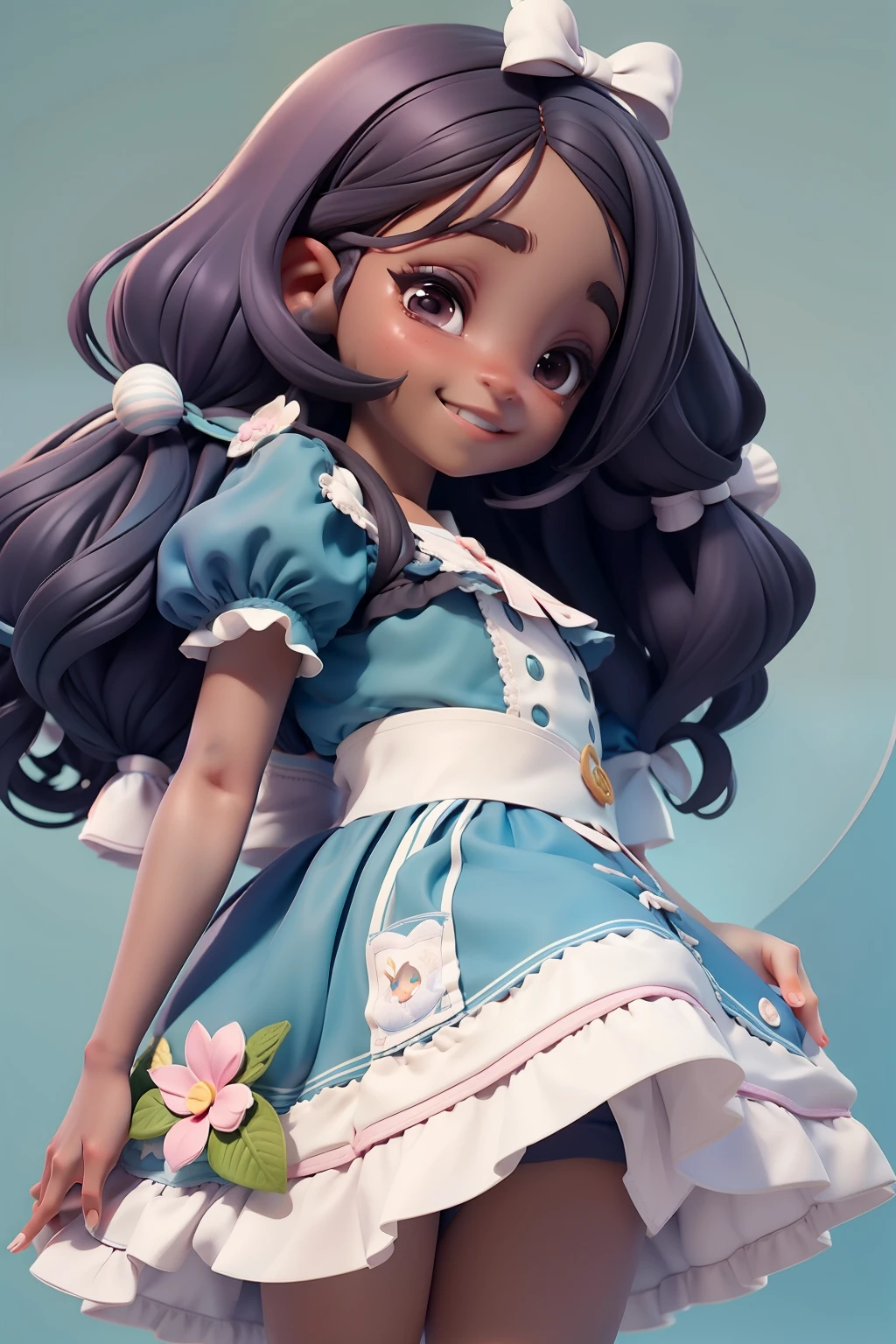 Loli Alice in the wonderland negra, menina meiga, olhos castanhos delicados, cabelo e roupa multicolorido, sorriso delicado, fundo simples e branco