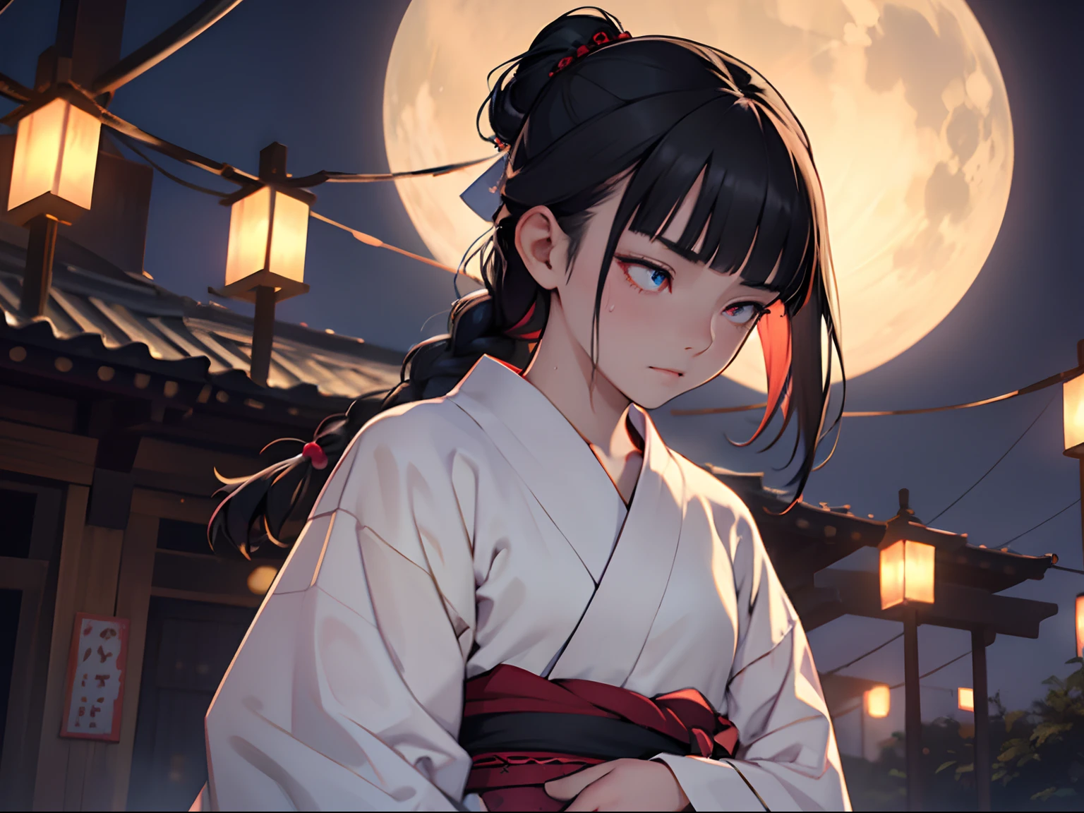 (professhional lighting), ((Beautiful eyes)),wide shot layout,wednesday addams BREAK ars old,black hair,blunt bangs,pale skin,red eyes,jitome,hollow eyes, half-closed eyes,detailed eyes,beautiful eyes,hair ornaments at hexagram,1girl,solo,braid,ashamed,troubled expression,best quality,ultra-detailed,(masterpiece),sweat,wear Yukata, plaing Bon Odori,on night Bon Odori venue,looking away,fullbody,