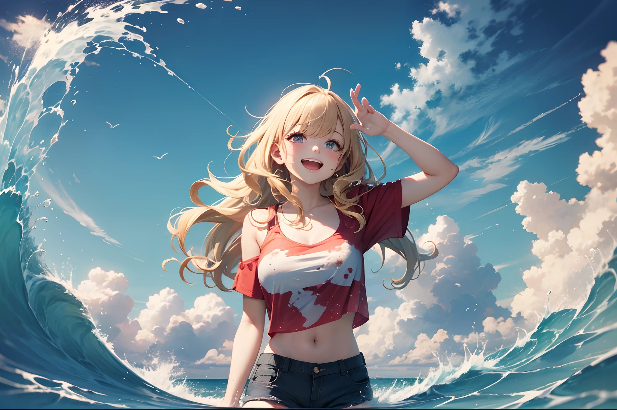 (Best quality at best,tmasterpiece),1girl,ssmile,big laughter,the ocean,Short top,shorter pants,blond hairbl,Be red in the face,looking at viewert,Wavy hair,clouds,spatter,wave,suns,mont,dampness --auto --s2