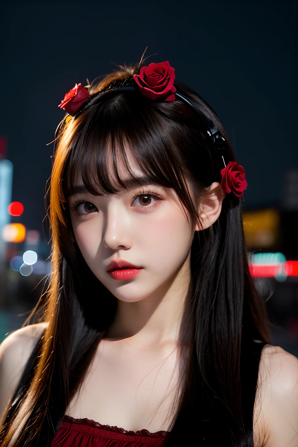 1girl, Tokyo street,night, cityscape,city lights, upper body,close-up, 8k, RAW photo, best quality, masterpiece,realistic, photo-realistic,headgear of red rose, parted bangs, long hair,