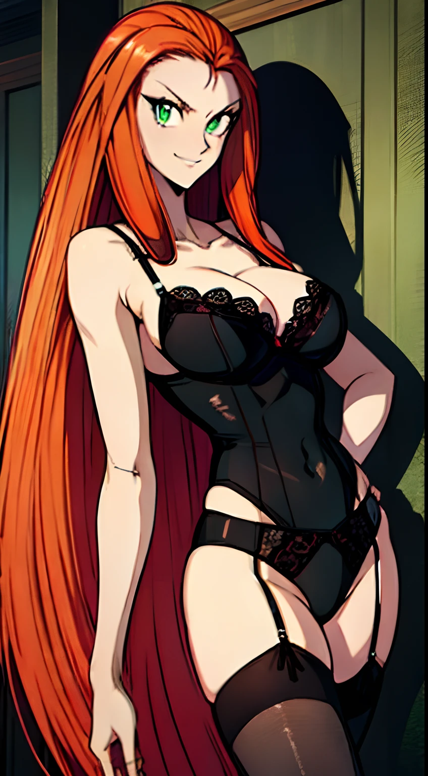 ((masterpiece)), ((best quality)), ultra detailed, detailed background, orange hair, Long Hair , green eyes, thin eyes, extreme large breast, long hair,, highest details, sexy, focus, Alluring, long legs, ((breasts shot)), (((wearing black lingerie ))), hentai style, sensual smile, erotic, erotic body, sexually suggestive, hentai body, sensual pose, naughty face, aroused body, on a beach