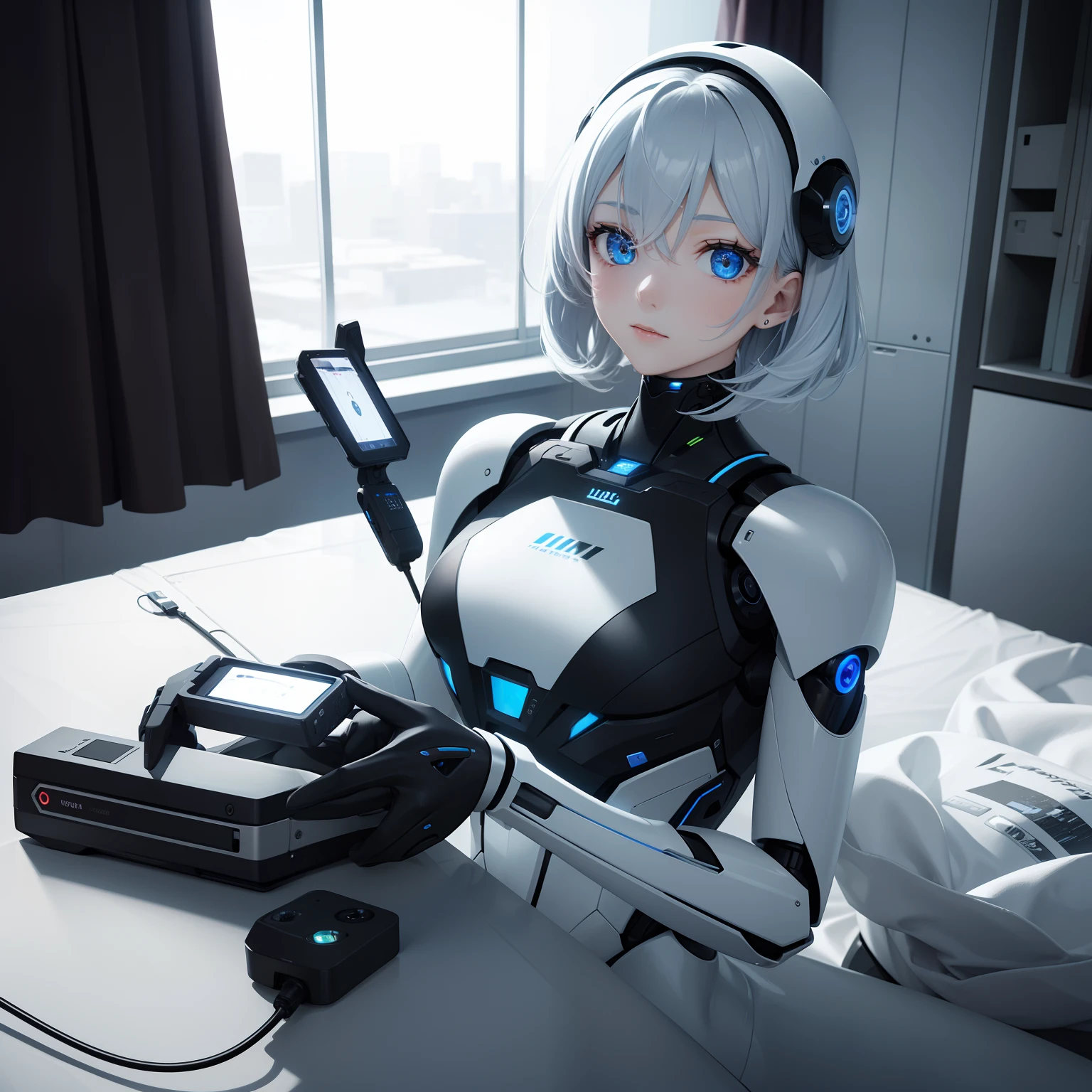 High image, Super Detail, High resolution, Assistive Robots, Streamlined form close to humanoid, White Metal, Blue LED at eye position, wheels, in the room