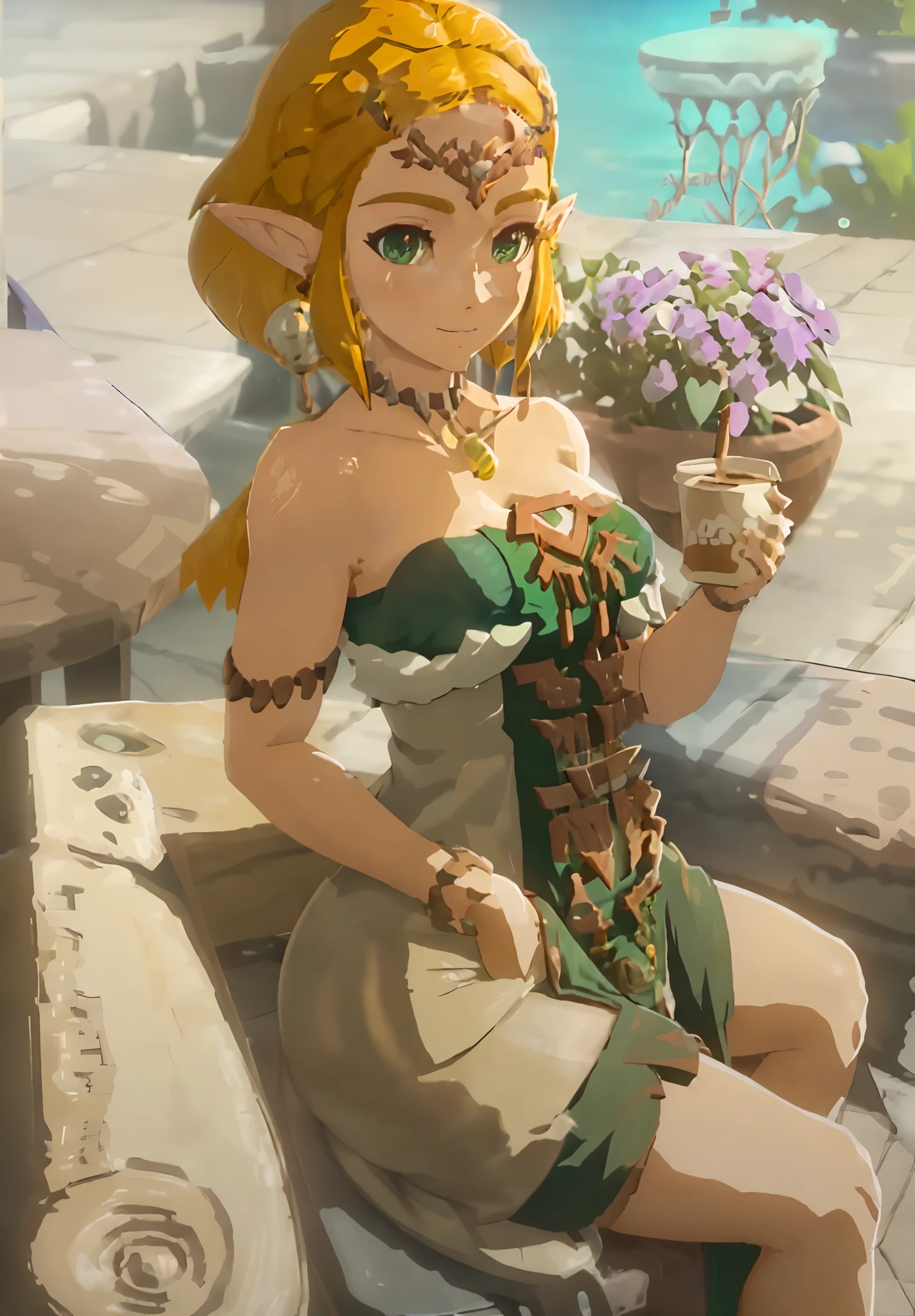 zeldatotk,1girl,smile,cel shading,full body in view,green eyes, enjoying a coffee, sitting in the cafe, hot coffee, (((busty))), (((big breast))), cleavage