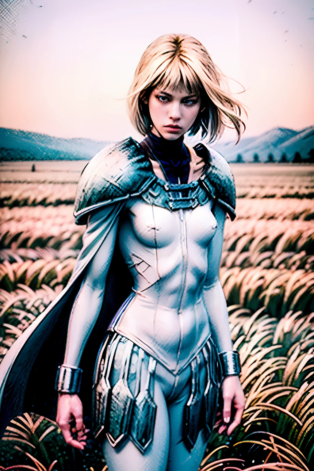 clare, grey eyes, armor, white bodysuit, short cape,(((cowboy shot))),ray tracing render,Hyper-real,  random view angles, random locations, style:milo manara, age 17yo "Clare an incredible beautiful  claymore half yoma half human (her clothes are ripped and torn by intense combat), big blue eyes,soft beautiful body, holding a sword ,skin pores,( cuts and scars)",[dusty], dynamic wind, elaborated background, countryside, masterpiece ,  8k raw, photo-realistic, hdr, photon mapping, high contrast ,deep of field, radiosity, surface scattering reflections, tessellation, (photo by nikon d800, 50mm zeiss lens) ,  sharp focus , professionally color graded, perfectly shaded, analog photo, amazing reflections,  high-res, detail enhancement, high resolution scan, octane render, dramatic composition