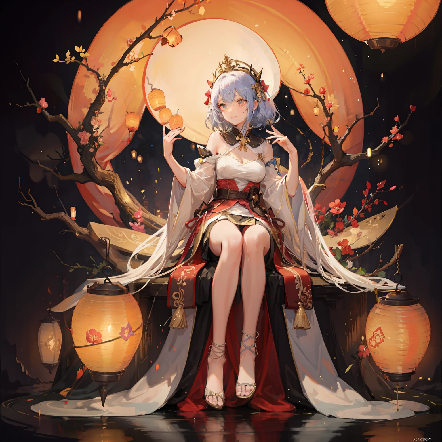 (Very beautiful images:1.2,absolutely outstanding image:1.2):(Little girl sitting on the ground,girl under lantern),Lanterns and lights around,magical light,Beautiful lighting,starrysky,Soft light, A detailed face,detailed hairs,Hair is shiny,A detailed face,
