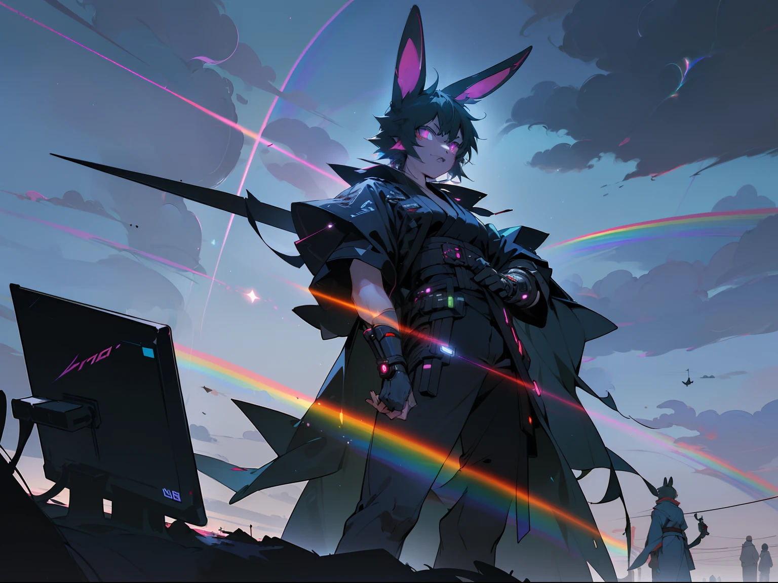 (((A group of rabbit superheroes fly over the Starlight Cloud dimension))),((holding light saber)), (((Cyberpunk bleak dark black bleak gray))), vampire hunter d, (Vintage VHS), (CRT screenshot), (((Dark scene))), (((Dark cloud scene))), (((Angel's egg anime))), (((Other anime experimental series))), (((Dystopian rainbow cloud scene))), (((Unlit night view))), (((Dark Abandoned Cyberpunk Astral Dimension))), (((Angry black human in kimono furry rabbit warrior,Explore ancient rainbow clouds in uniform and tall rabbit ears))), (((Cyberpunk dystopian rainbow clouds filled with glowing stars))), Anime Black Rabbit superhero,Has futuristic hair and glowing glowing eyes and tall bunny ears, Anime art, animeaesthetic, (((Old rainbow thunderstorm cel art in the background))), Kimono anime rabbit, wearing cybernetic bunny ears, Angry warriors --v6