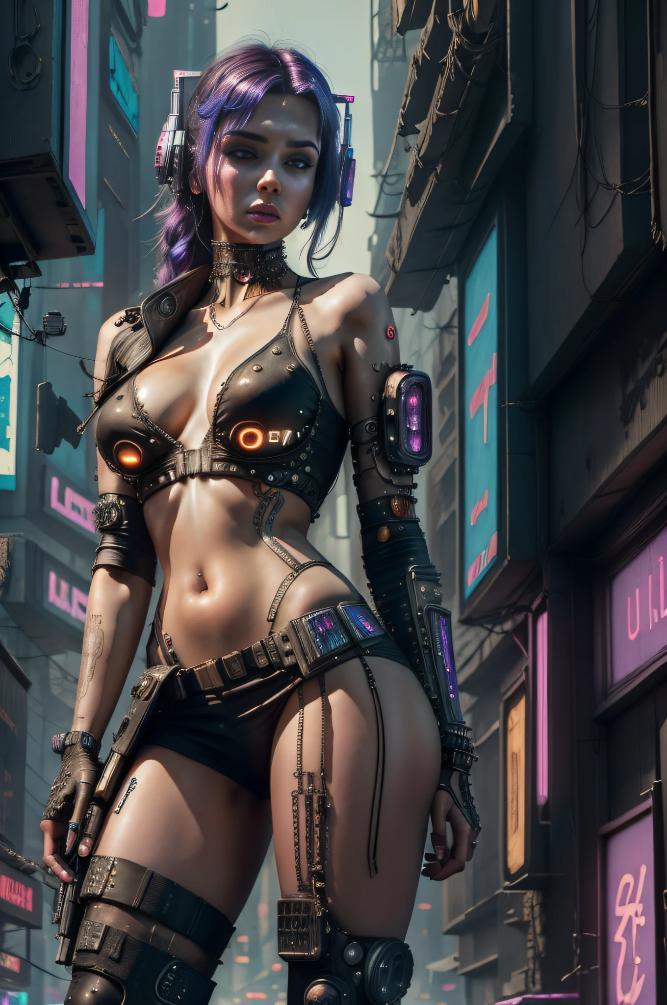 ((Best quality)), ((masterpiece)), (highly detailed:1.3), 3D, beautiful (cyberpunk:1.3), girl seducing, licking her finger,