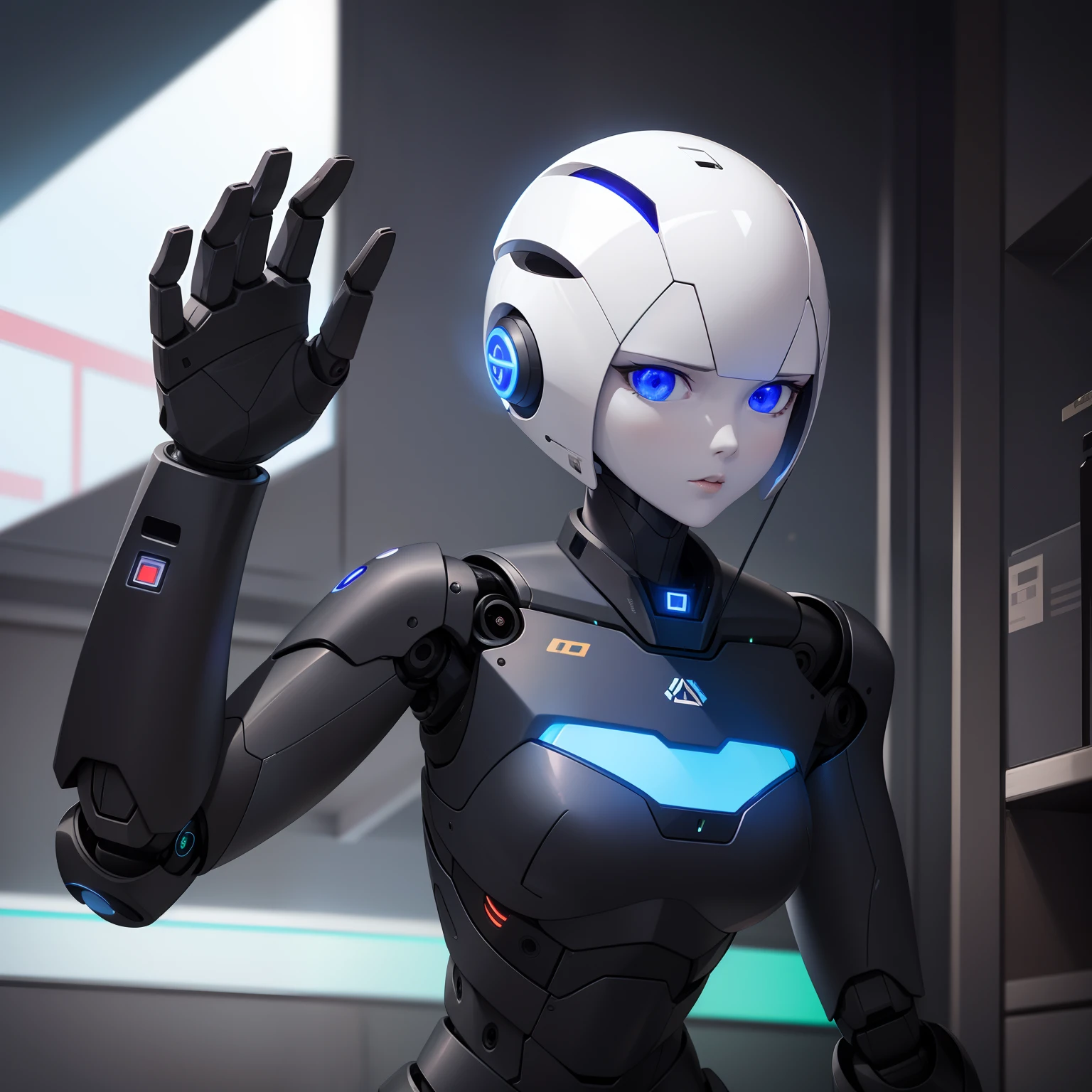 High image, Super Detail, High resolution, Assistive Robot, Streamlined form close to humanoid, Blue LED at eye position, in the room