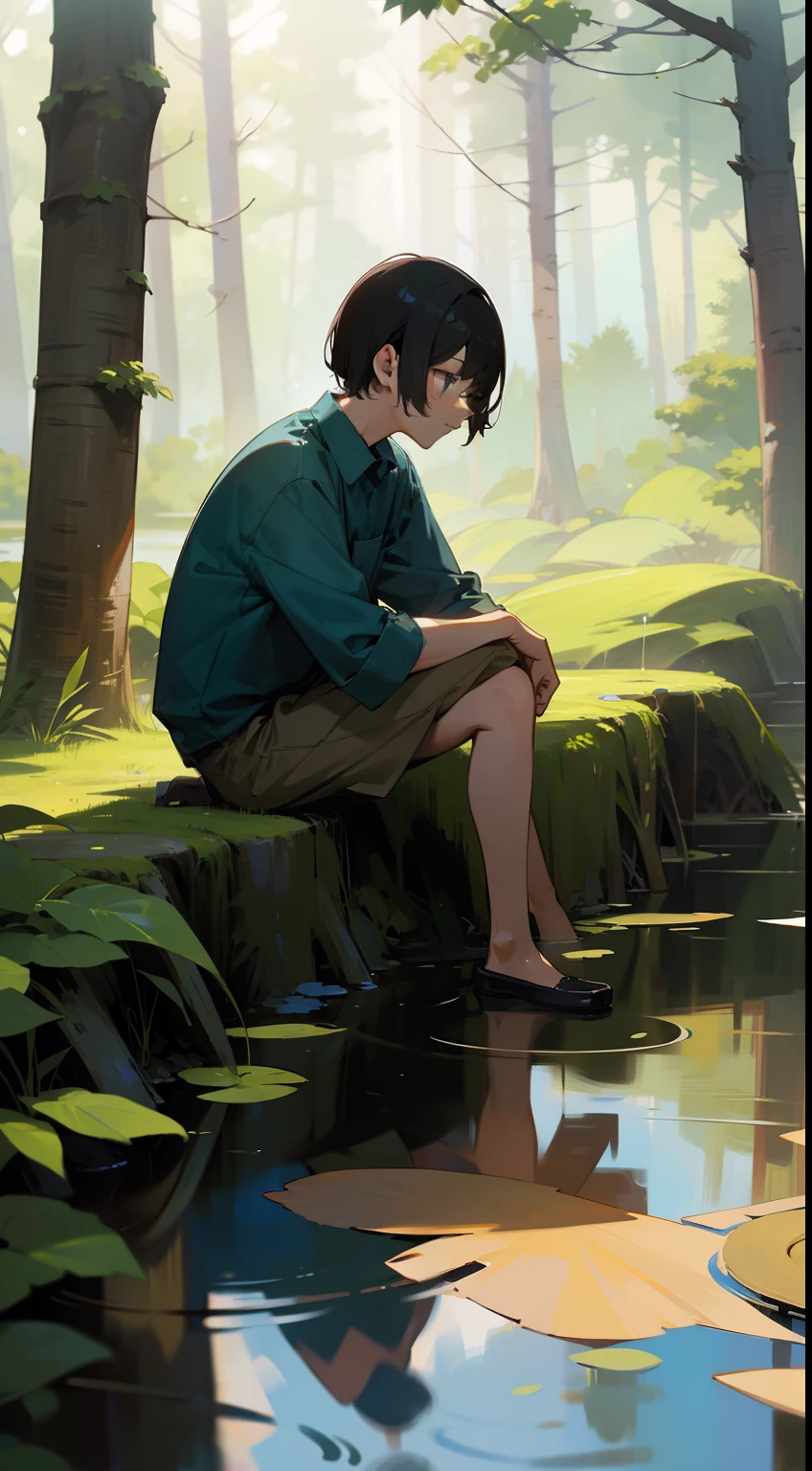 Pond in the forest、One man、Sitting on a stump、A dark-haired、short-hair、Wearing work clothes