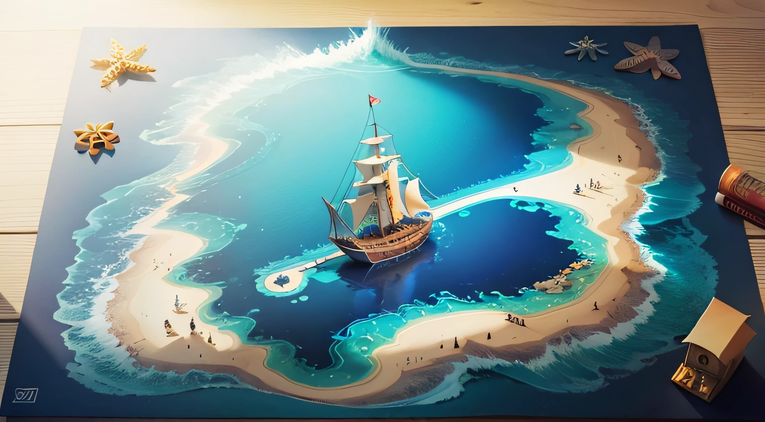 Um mapa no fundo do mar. toon, Estilo Pixar, 3d, Desenho anime --auto