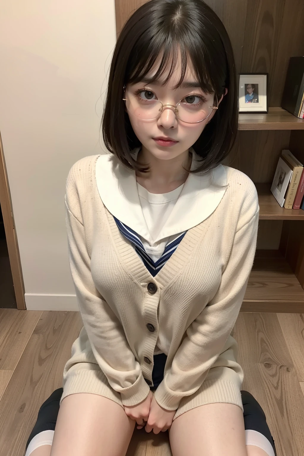 Photo Real、photoRealstic Dark hair、Short hair、bangss drooing eyes、with round face、The contours of the face are round、Plump cheeks、small mouth、a eye glasses、Round glasses、Big glasses、Black-rimmed glasses、校服、a sailor suit、Red tie、Beige cardigan、Red skirt hi-school girl、sixteen ySoft thighs、vaginal、Female genitals、clit、cunt、Semen Boldly open legs、Leaning against the bookshelf、Blushing、masturbation、Sperm、SEX Background with、bookcase、Timber wall、wood floor、Dark place