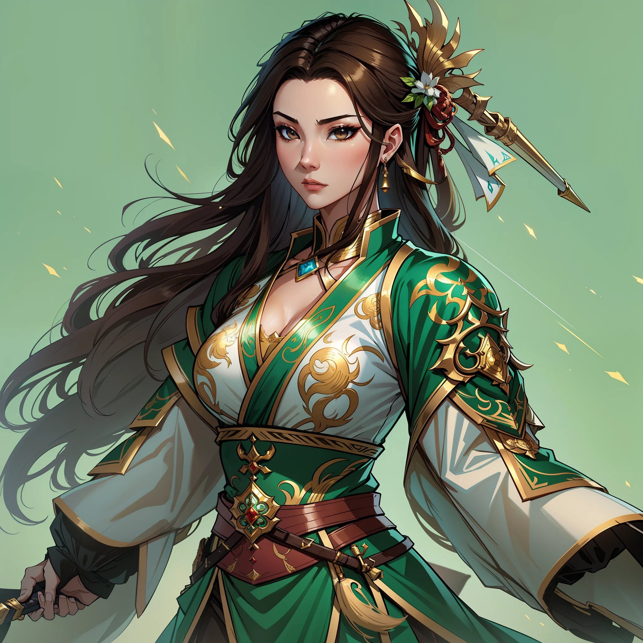 a close up of a woman in her 30's, with brown eyes eyes and brown hair, wearing a green and black ball gown dress, a heroine in wuxia style, with brown eyes, martial artist holding a longbow, standing in a chinese monastary, new costume concept design, in the style of blade and soul, full body character concept, detailed character design, inspired by Yang Jin, inspired by Li Mei-Shu, chinese costume, inspired by Lan Ying, inspired by Sim Sa-Jeong, inspired by Li Tang, lunar themed attire, costume with blue accents, inspired by Ju Lian, colored concept art, highly detailed character design, highly detailed face, inspired by Ai Xuan, very highly detailed face, unreal engine render, final fantasy 14 style, inspired by Leng Mei