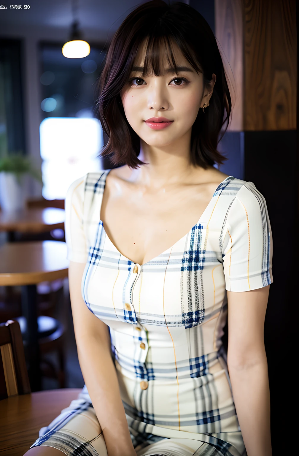 ((8K:1.27)、top-quality、​masterpiece、超A high resolution:1.2)Photo Beautiful Japan woman(pleasing:1.1) Elegance、There is a good、Gradient lighting、1girl in、Delicate skin、Look here、Brown-eyed、(short hair with bangs:1.2)、(breasts are large:1.0)、(medium ??????:0.8)、(realisitic:1.4)、(top-quality:1.0)、(超A high resolution:1.0)、8K、Raw photography、(​masterpiece:0.2)、(pureerosface_v1:0.5)、 Shain Private Plaid Splicem Bodycon Dress、Mini length、multi colored、Tea Series、reddish brown、shortsleeves、Round Neck、want me、Bring your chest together、Colossal tits、Staring at this、cocktails、Cafe open at night、cafes、Outside the house、total darkness、subject、Lean、Look here、Laugh、cross one's legs、Sit up、sit a chair、