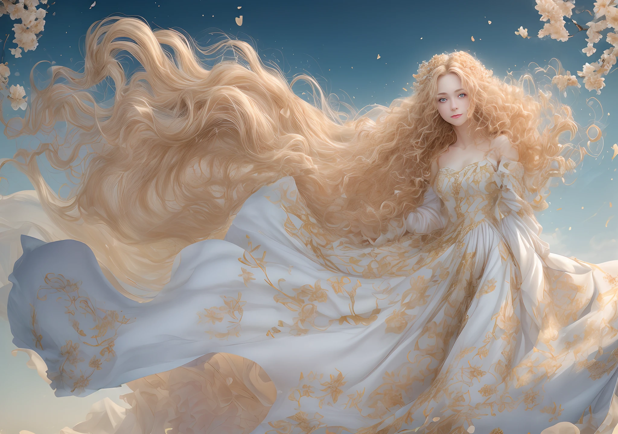 (top-quality、masterpiece), infp young woman, the pose, Particle, the wind, florals, The upper part of the body, simple background, View here, Long curly blonde hair blown by the wind、blue eyess、 Smiling、Gold floral dore on white cloth